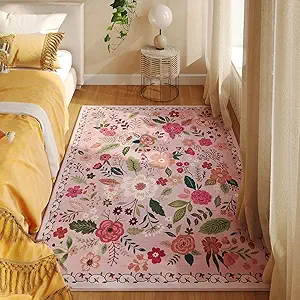 Bedroom Rug 3x5 Rug Washable Area Rug Non Slip Low Pile Boho Floral Small Carpet for Bedroom, Bedside, Kitchen, Entryway, Kids Room, Office, College Dorm Essentials for Girls(Pink)