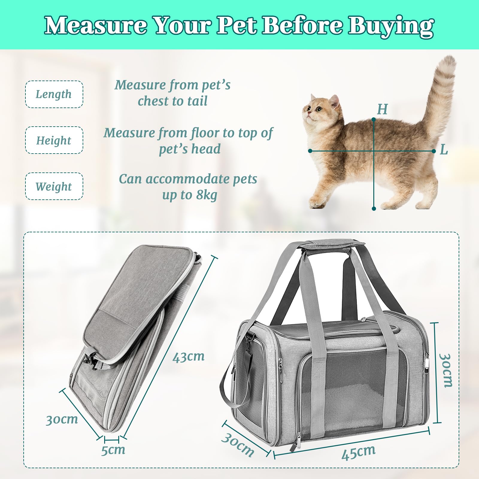 Sprifityy Sac de Transport pour Chat d'Extérieur Pliable et Respirant, Caisse Avec Matelas Souple pour Chat et Chien, Voyage en Train/Voiture (Gris, 45x30x30 cm)