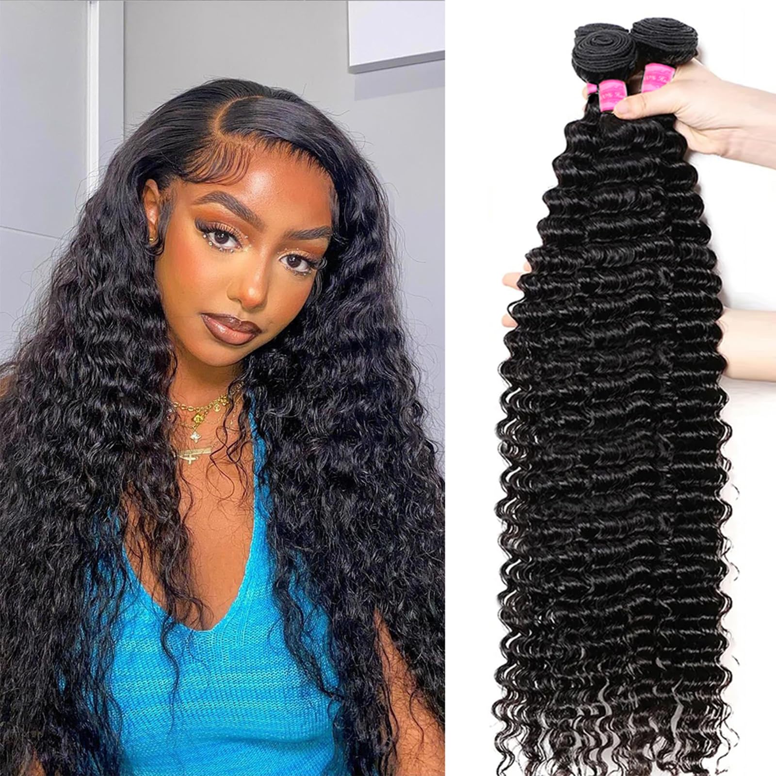 Beautymoon Deep Wave Bundles Human Hair 3 Bundles 18 20 22 Inch 10A Brazilian 100% Unprocessed Virgin Human Hair Wet And Wavy Bundles Natural Color