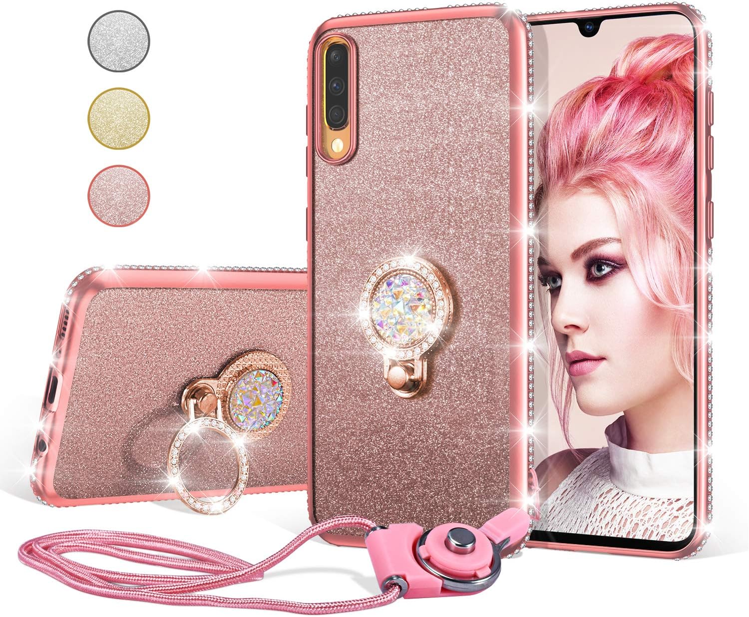 UEEBAI Case For Samsung Galaxy A70, Glitter Soft TPU Case with Shining Diamond 360 Degree Rotatable Ring Kickstand Ultra Slim Shockproof with Lanyard for Samsung Galaxy A70 - Rose Gold