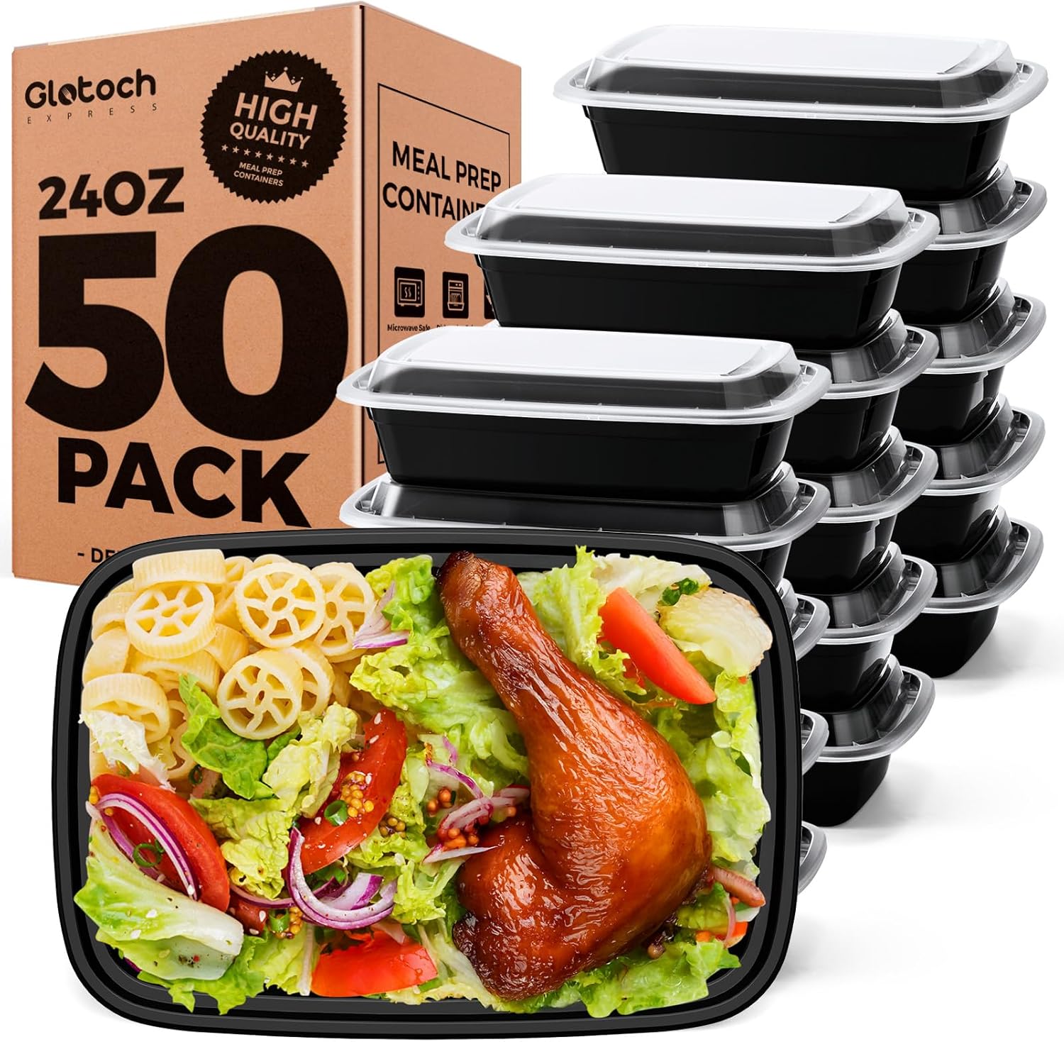 100-Piece (50-Pack) 24 OZ Meal Prep Containers Reusable with Lids, Sturdy Leakproof & Food Safe, Microwave, Freezer, Dishwasher Safe To Go Food Containers, Plastic Take Out Containers, Black 100-Piece (50-Pack) 24 OZ Meal Prep Containers Reusable with Lids, Sturdy Leakproof & Food Safe, Microwave, Freezer, Dishwasher Safe To Go Food Containers, Plastic Take Out Containers, Black