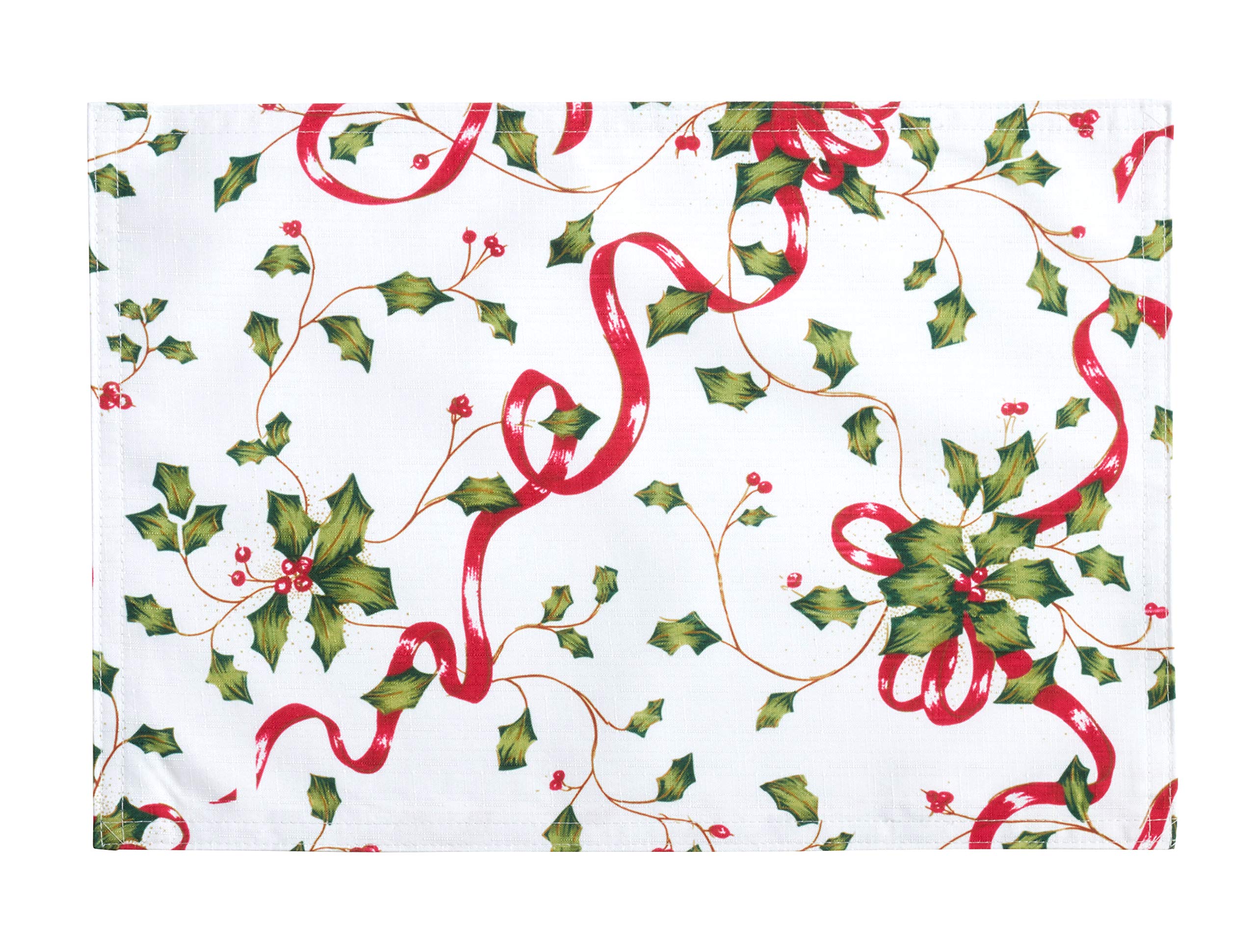 Fennco Styles Holiday Holly Collection Classic Holly Berry Ribbon 13 x 19 Inch Placemats, Set of 4 – Multicolor Place Mats for Christmas Dinner, Family Gathering, Special Events and Home Décor