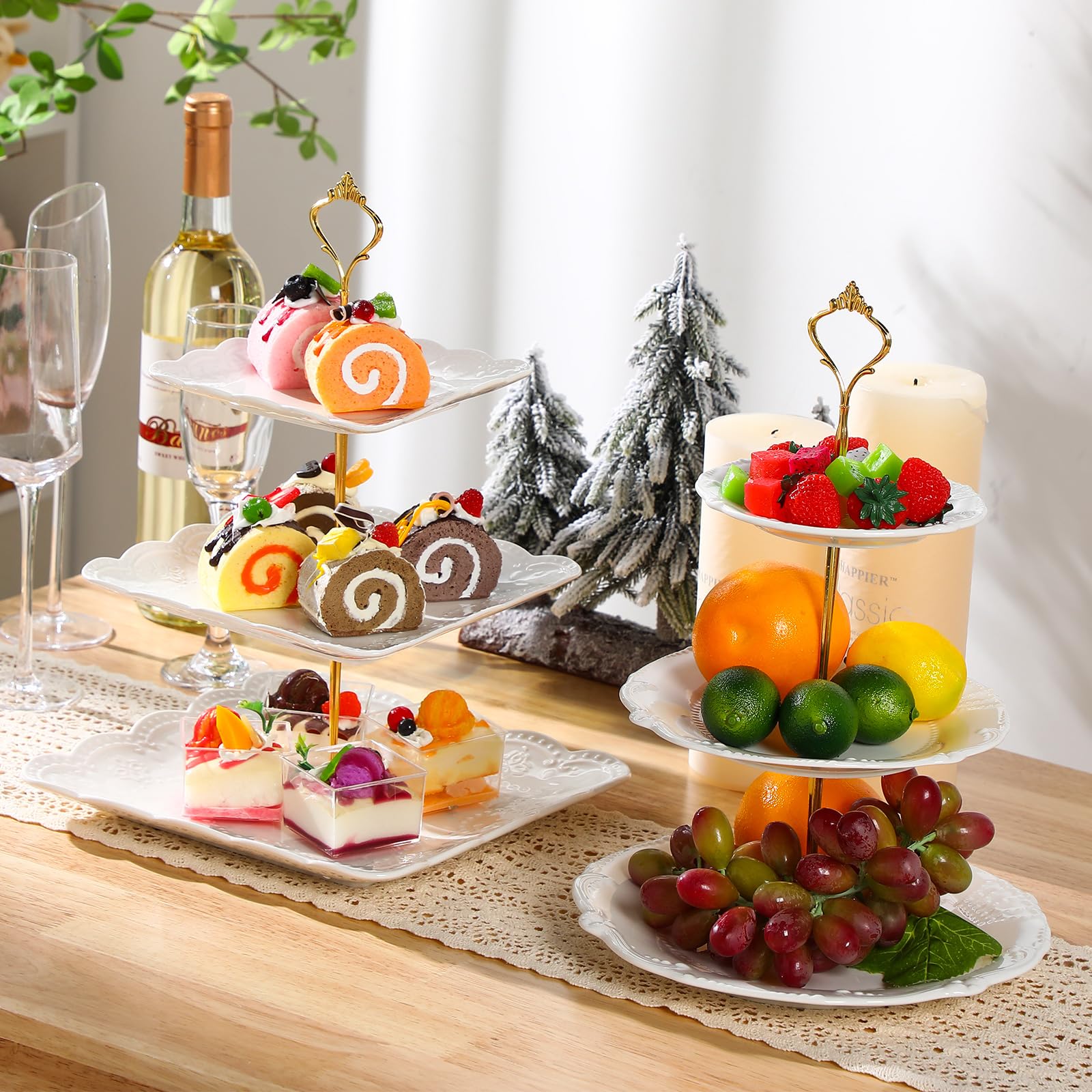 Tioncy Juego de 4 soportes para cupcakes de 3 niveles en relieve blanco de tres niveles para servir postres, pasteles, frutas, elegante plato de porcelana redondo y cuadrado para bodas, cumpleaños,