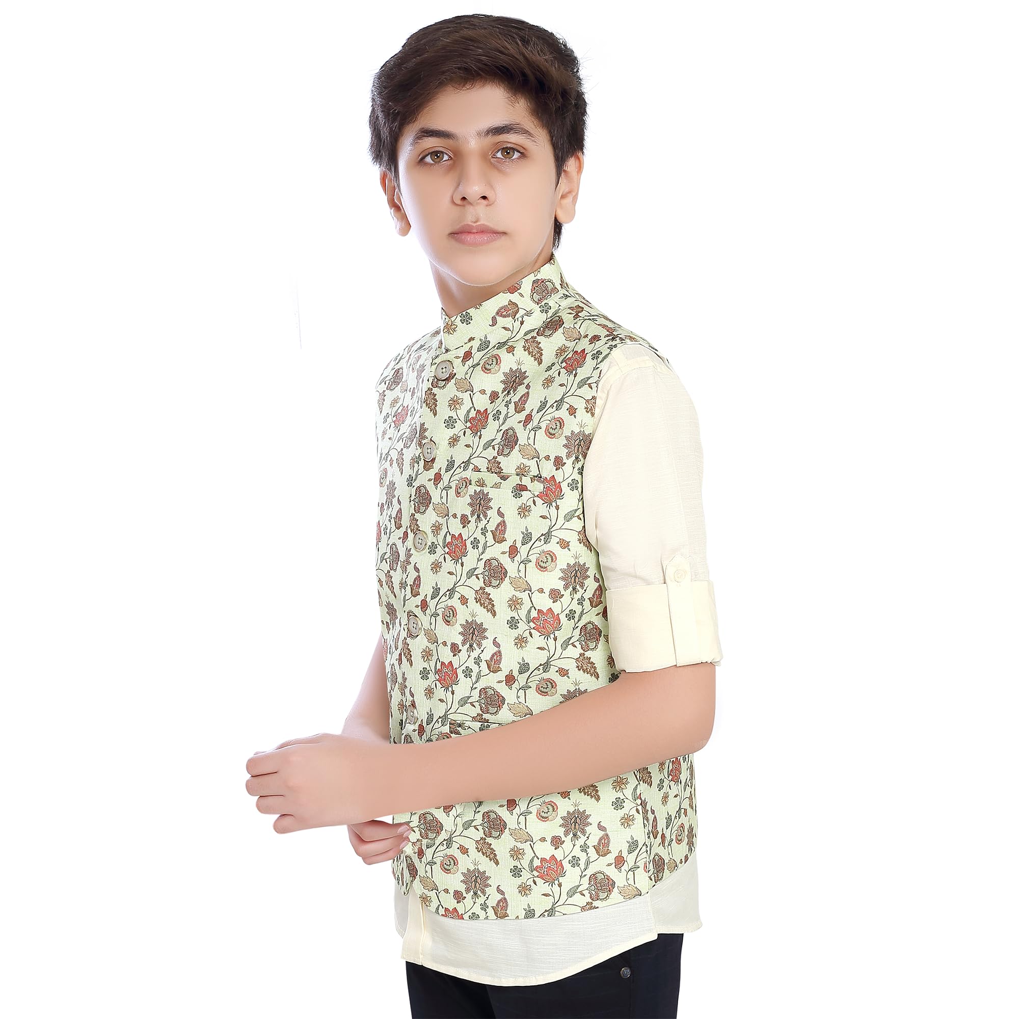 CHARCHIT Boys SeaGreen Printed Nehru Jacket and Shirt