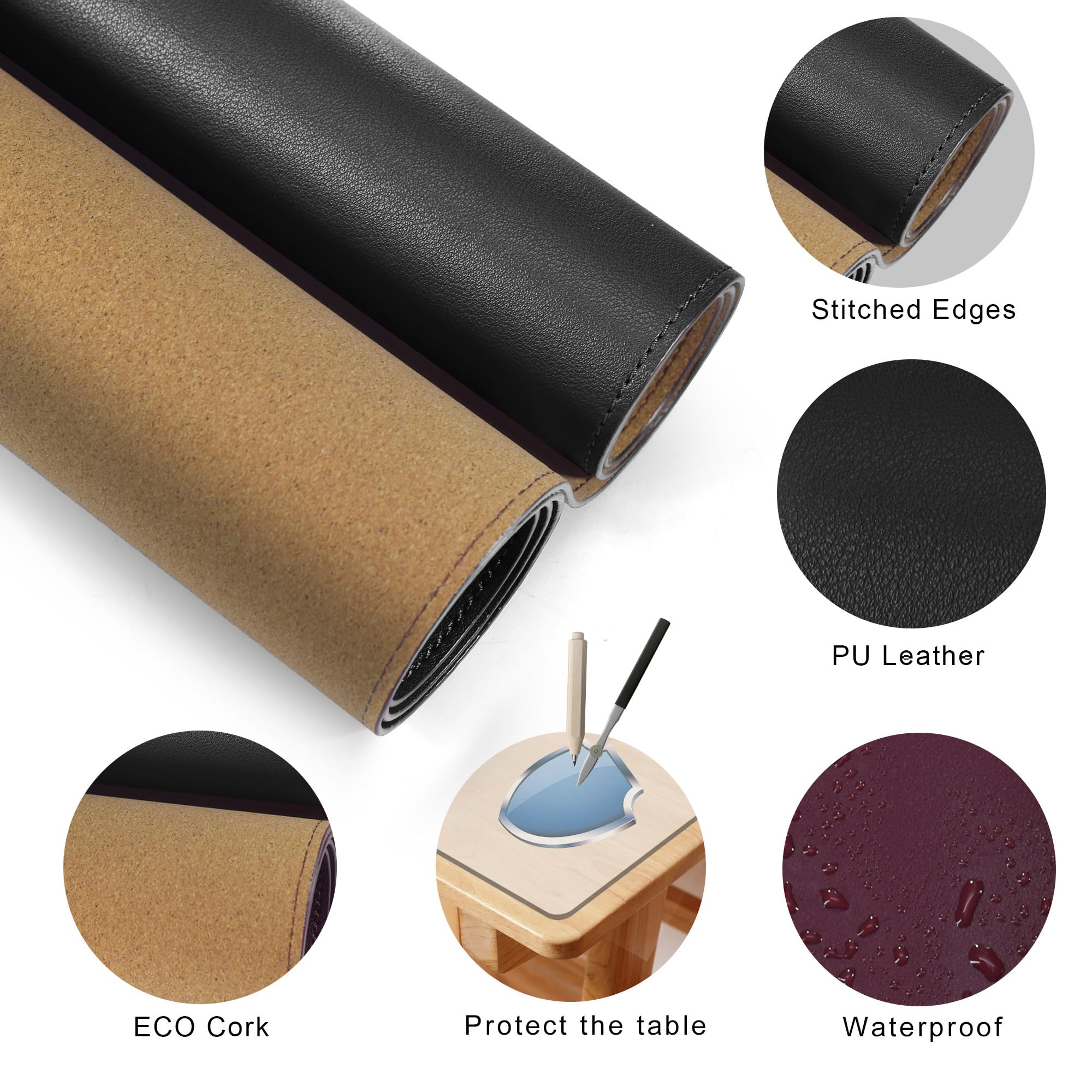 MAIDERN Tappetino da scrivania, 100 x 60cm tappetino per mouse bifacciale in sughero e pelle PU, tappetino da scrivania morbido e impermeabile per ufficio/casa(Nero)