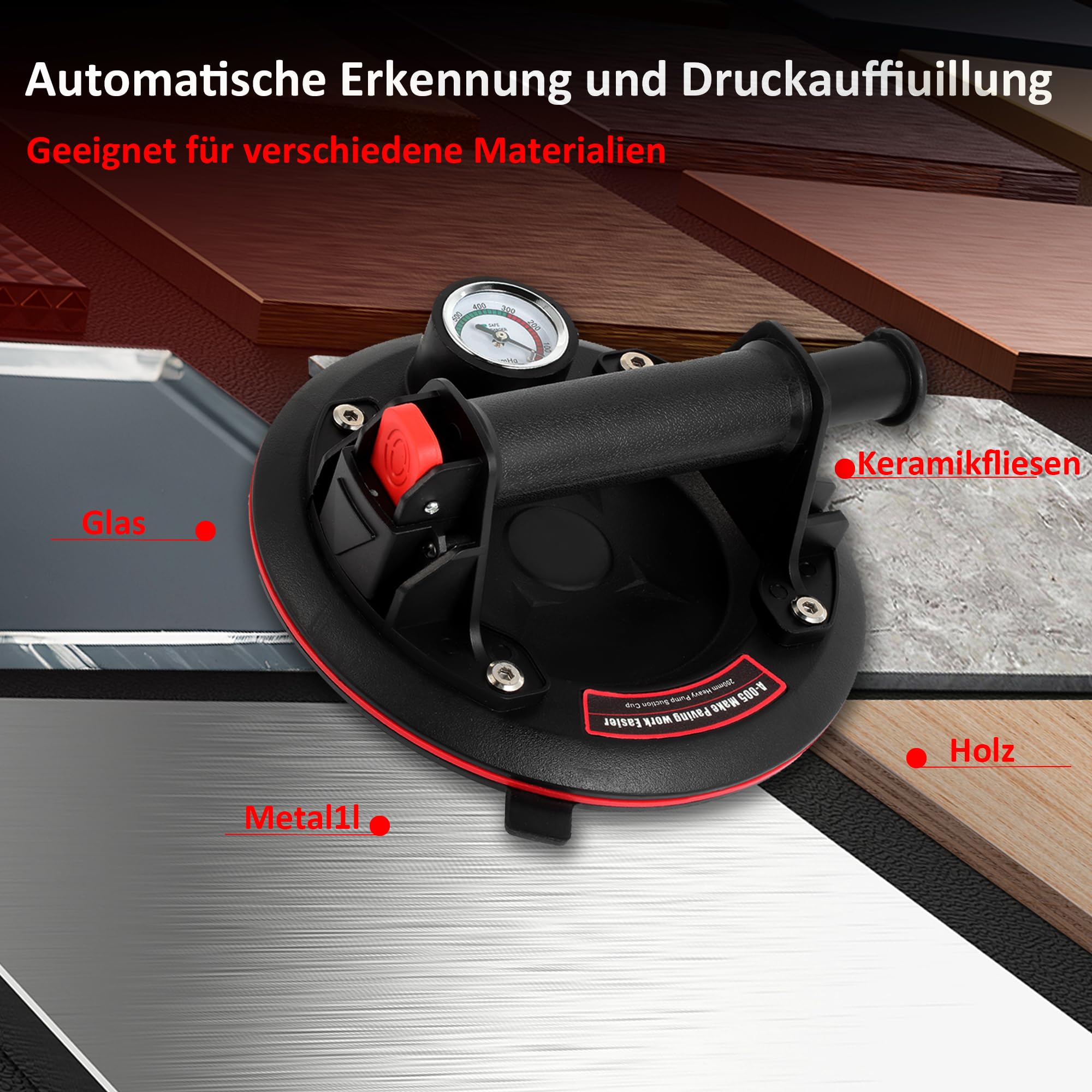 2er-Set 8" Saugheber mit Manometer Fliesenheber Glassauger für Fliesen, Glas, Marmor, Vakuum Saugheber Hand-Glasheber Max.200KG