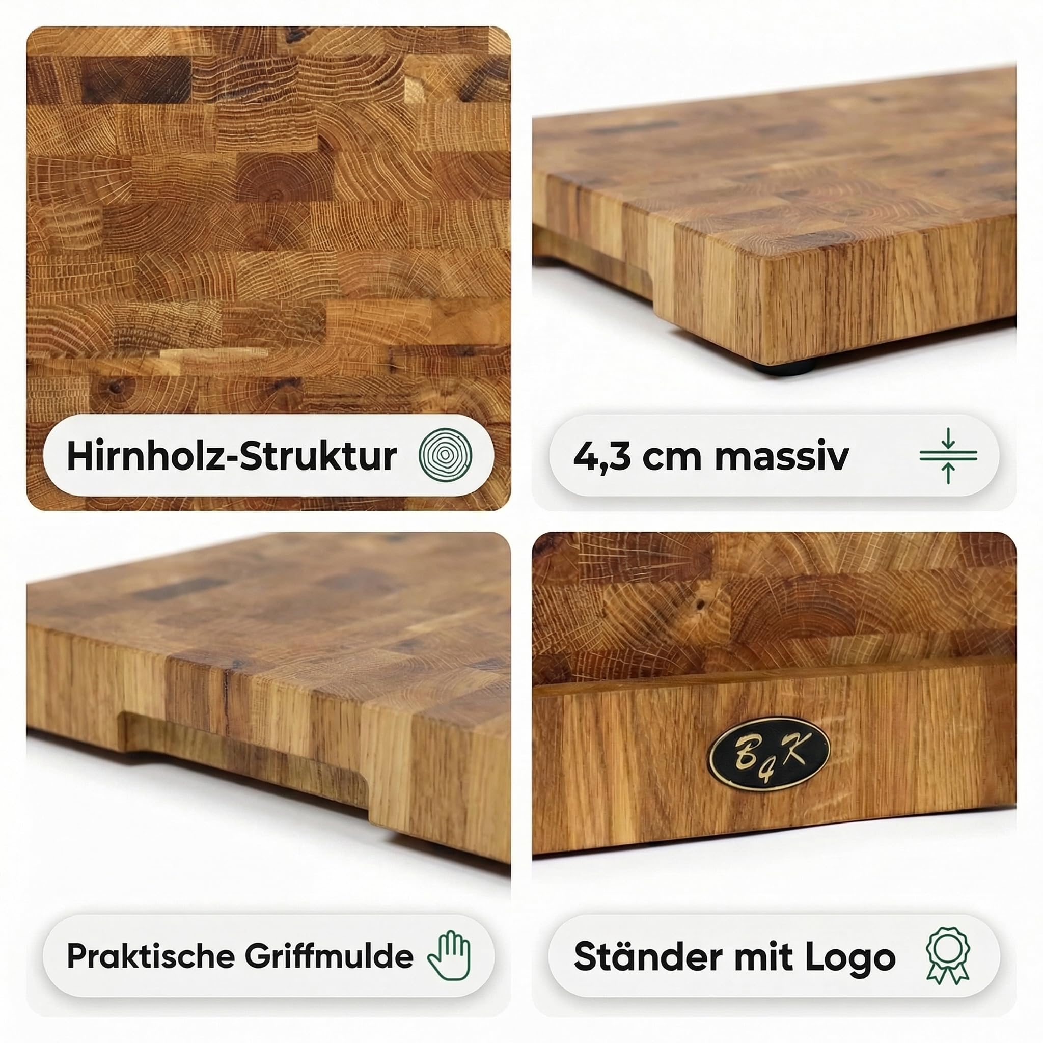 B4K Hackblock aus Eiche Stirnholz 37×27×4,3 cm inkl. Ständer | Geölt, Griffmulden, Rutschfest mit Silikonfüßen, Messerschonend, BBQ & Grill