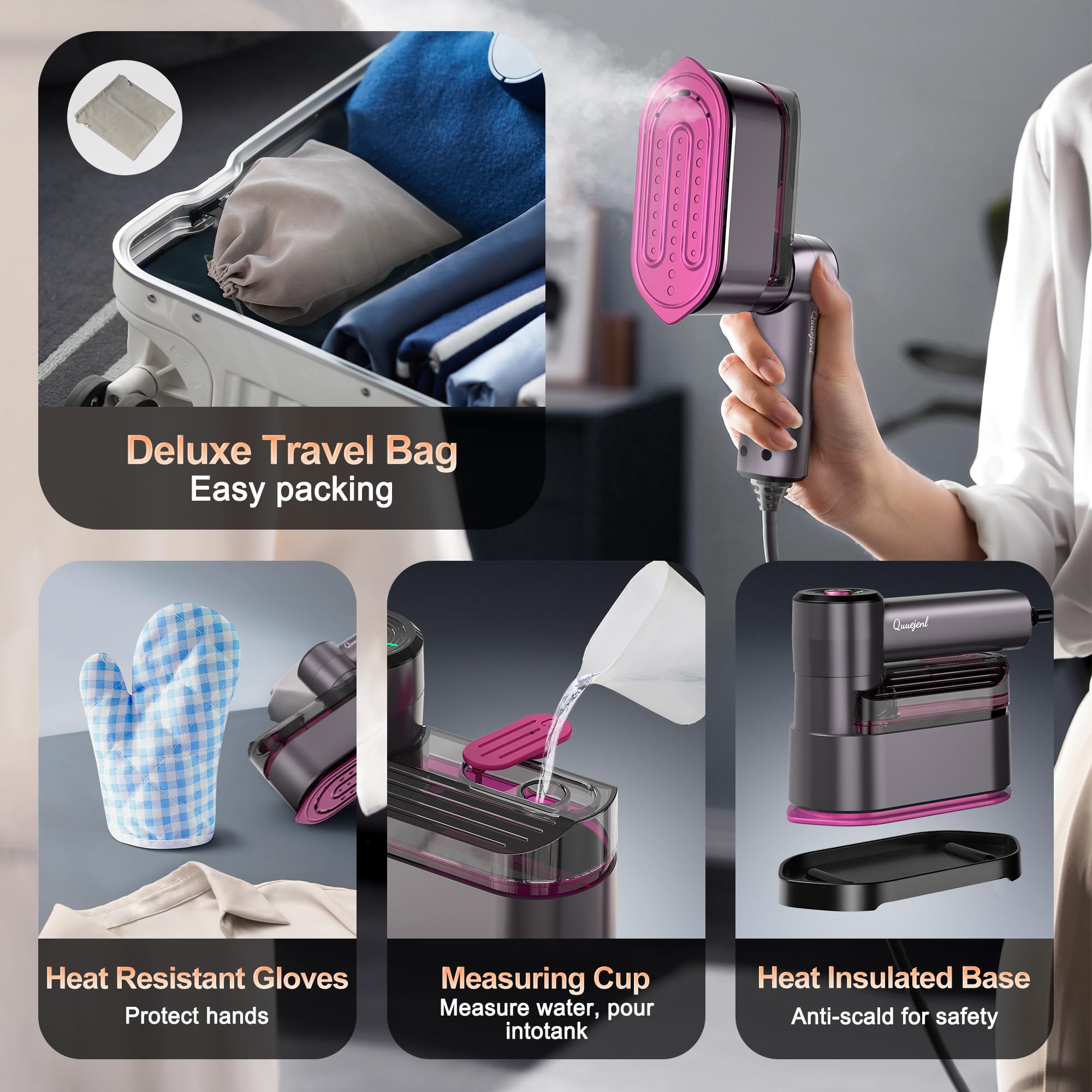 Tragbarer Reise-Verdampfer für Kleidung, 8 Fuß Netzkabel, kleines Dampfbügeleisen, faltbares Design, Reisen, Universität, Schlafzimmer und Zuhause (Lila)