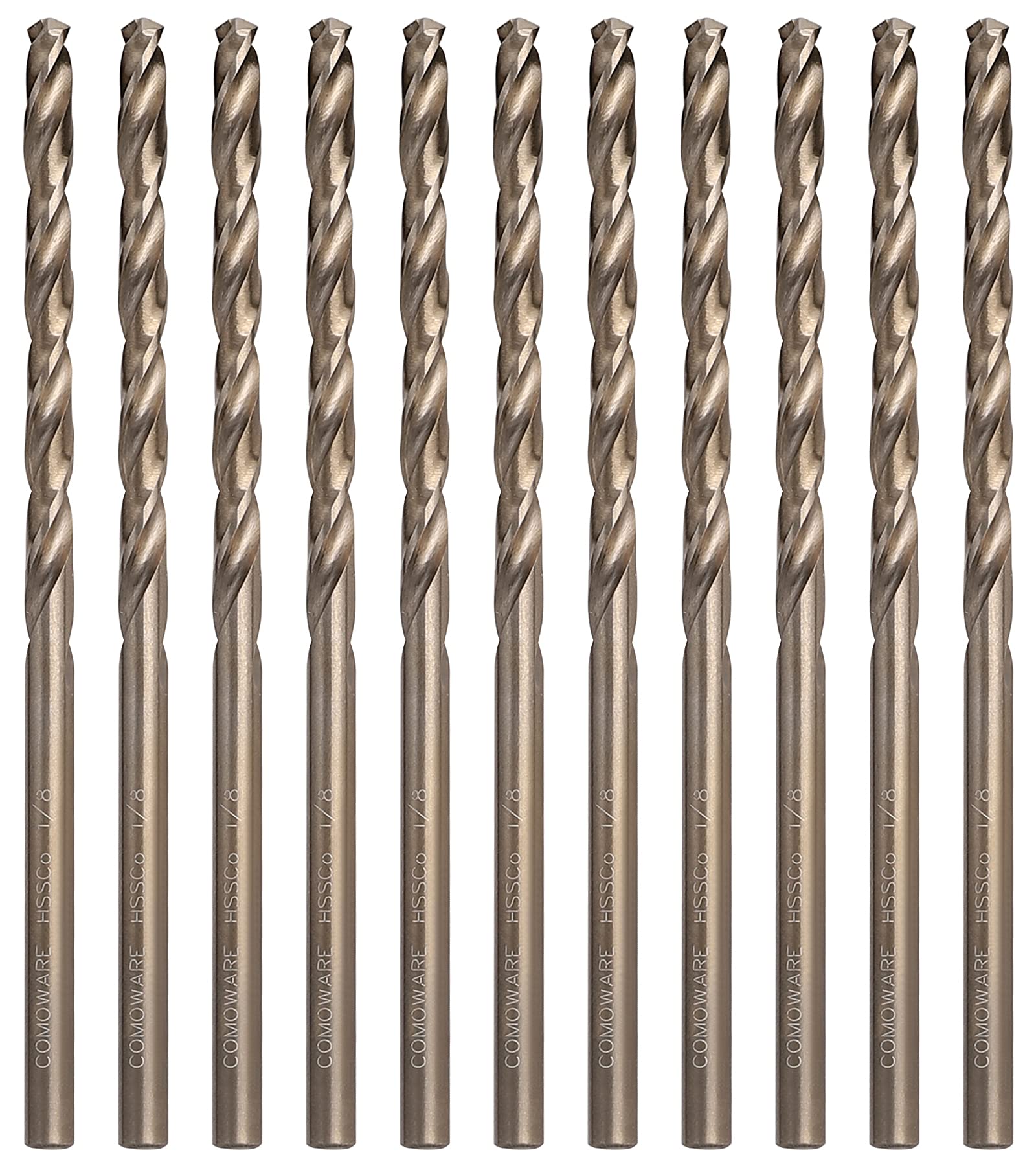 COMOWARE 1/8" Cobalt Drill Bit Set - Jobber Length and Straight Shank Twist Drill Bit, M35 HSS Drill Bits for Hard Metal, Stainless Steel and Iron (10pcs)