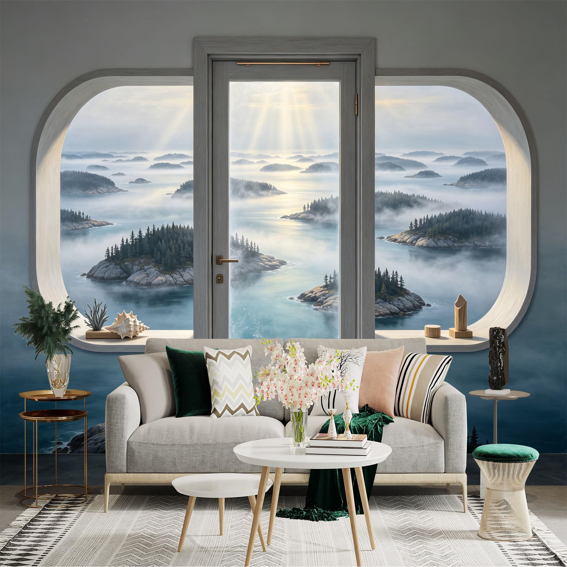 Custom Size Wall Sticker Mural， Misty Coastal Islands， Nordic Seascape， Forest Shore View， Window Landscape， for wall Decoration， peelandstick wall Decals.