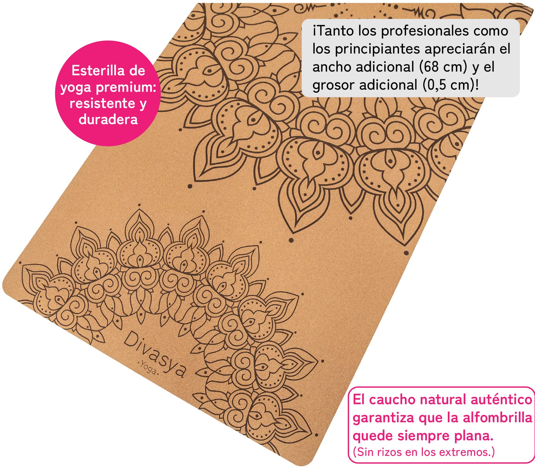 Esterilla de yoga premium de corcho antideslizante: de caucho natural antideslizante y corcho, natural y sostenible, extra ancha y extra gruesa (183 x 66 x 0,4 cm), correa de transporte