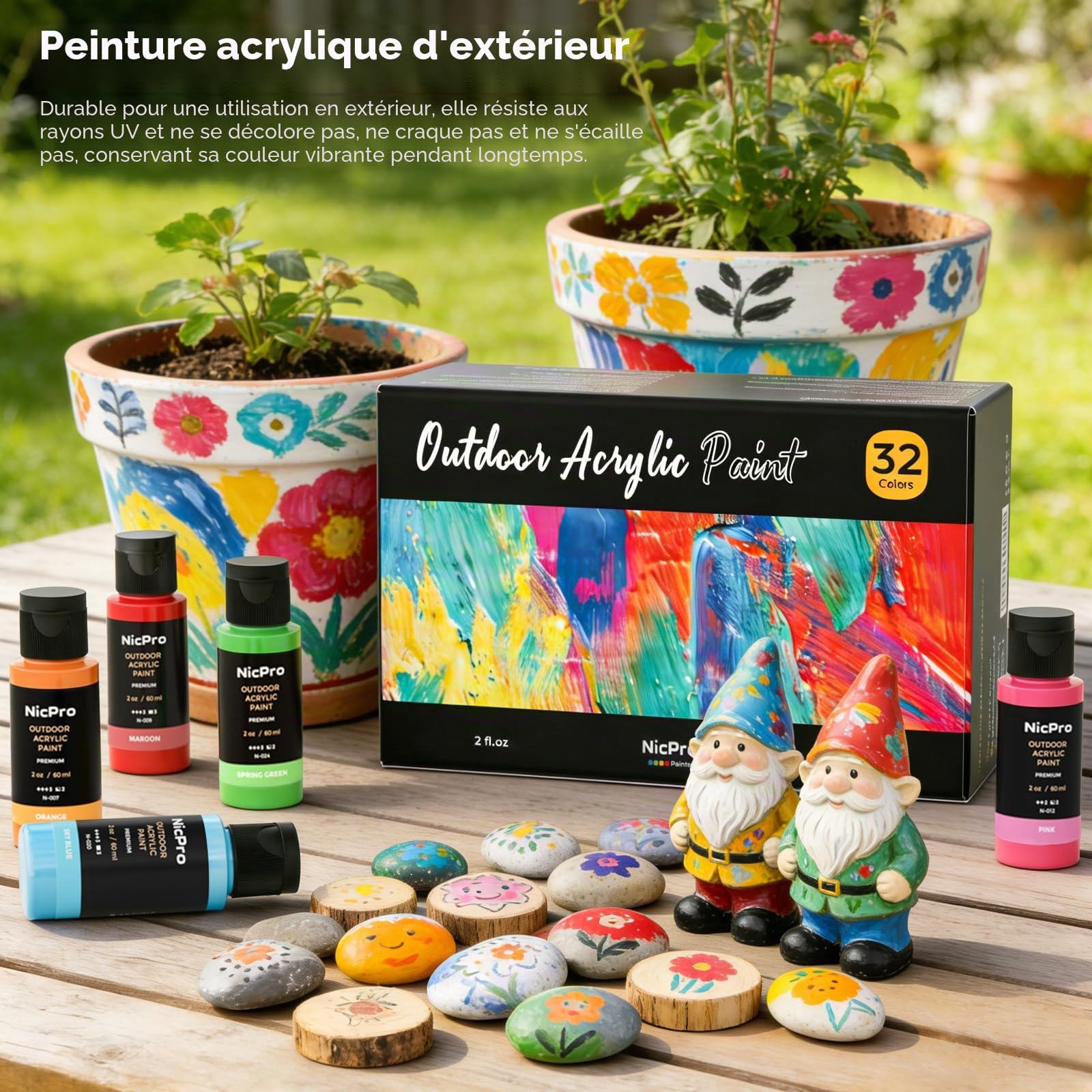 Nicpro Ensemble de peinture acrylique pour extérieur 32 couleurs en vrac avec pinceau et éponge, couteau, peinture non toxique pour plusieurs surfaces : roche, bois, tissu, cuir, travaux manuels