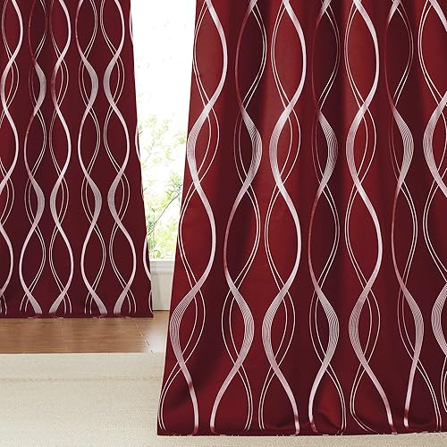 NICETOWN Cortinas opacas de Navidad para sala de estar, 1 par, 52 x 95 pulgadas, color rojo borgoña, líneas onduladas impresas, ahorro de energía,
