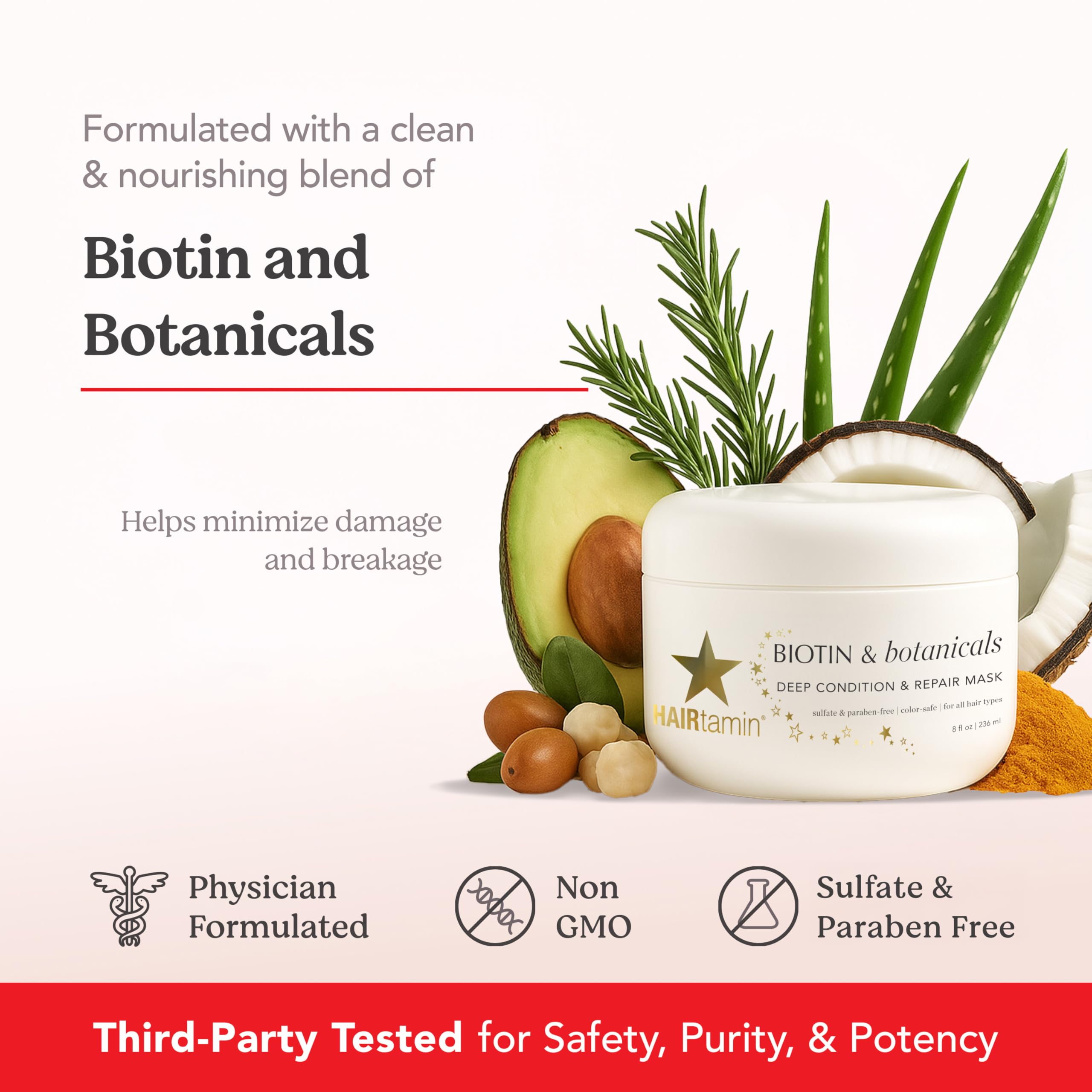 Hairtamin | Biotyna & Botanicals Deep Condition & Repair Hair Mask | kuracja do wszystkich rodzajów włosów, dla mocnych, błyszczących i gęstszych włosów, z biotyną, olejem kokosowym i witaminą E, 236