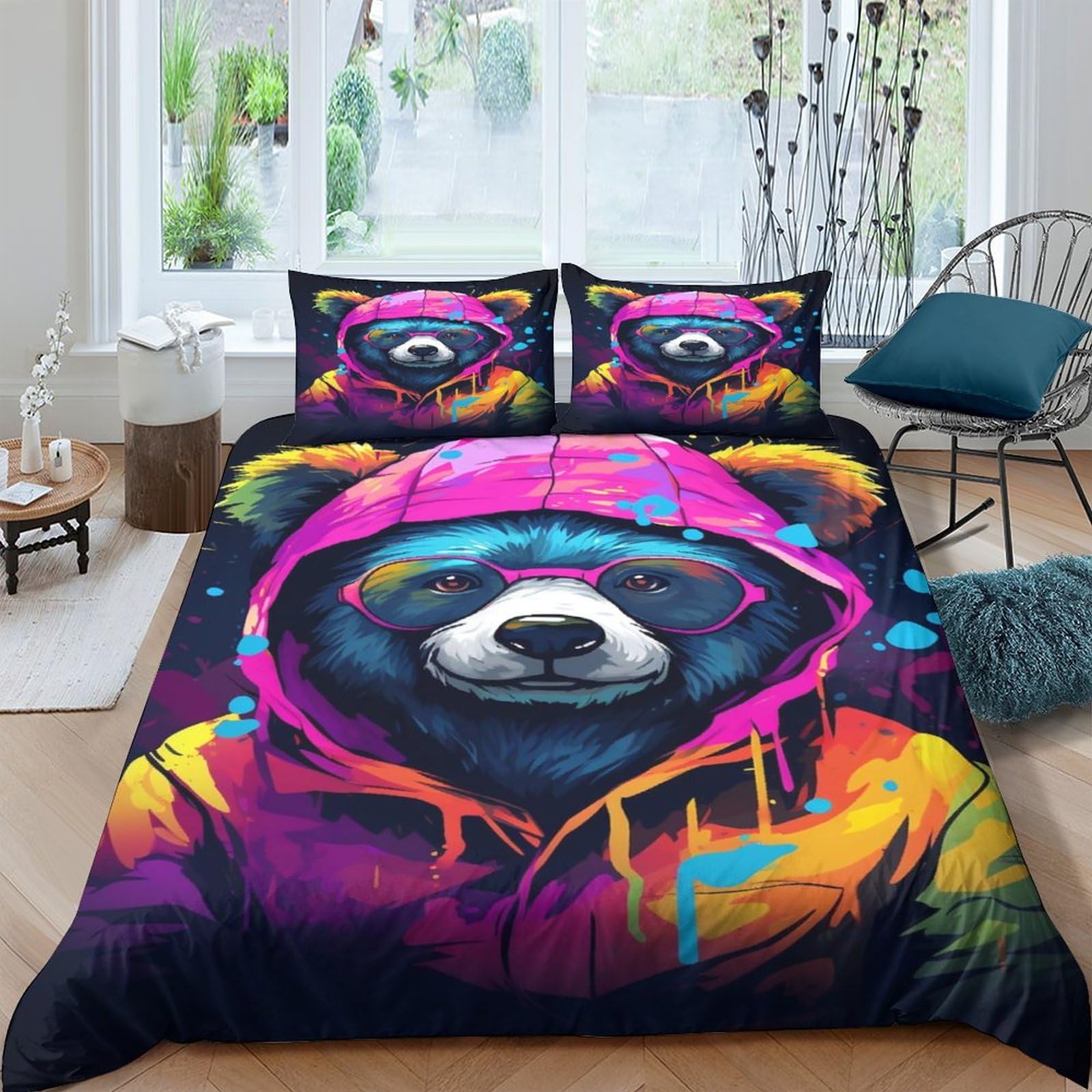 Cool Bear 3D Printed Duvet Cover Set Soft Microfiber Cartoon Animals Quilt Covers Easy Care Bedding Set for Boys Girls Comforter Cover with Pillowcaser，with Zipper Closure King（220x240cm）