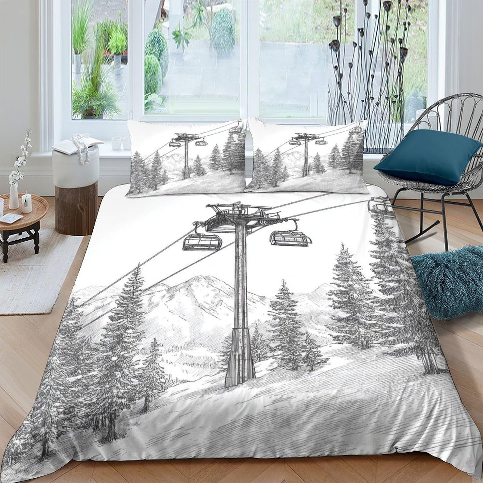 Ctjqhvkz Style-9 3D Printed Mountain Cable Car Fitted Sheet Microfiber Soft Grey Snow Forest Bed Cover For Bedroom Dorm Protection Single（135X200cm）