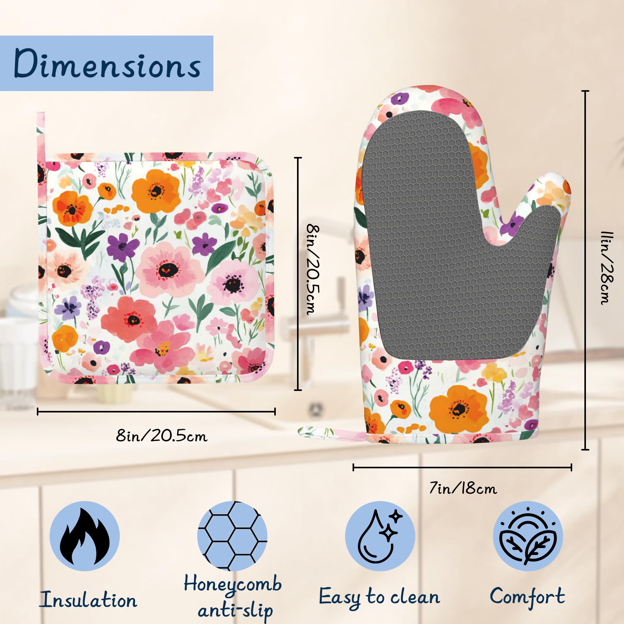 Juego de manoplas de horno y soportes para ollas, manoplas de cocina florales de acuarela extralargas para cocinar, de algodón grueso resistente al calor, utensilios de cocina de silicona para hornear
