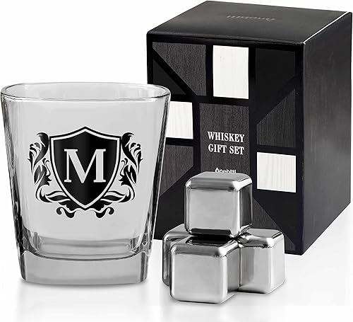 Regalos de whisky para hombres, vaso de whisky con inicial personalizada con piedras de whisky para papá, novio, mejores amigos, compañeros de