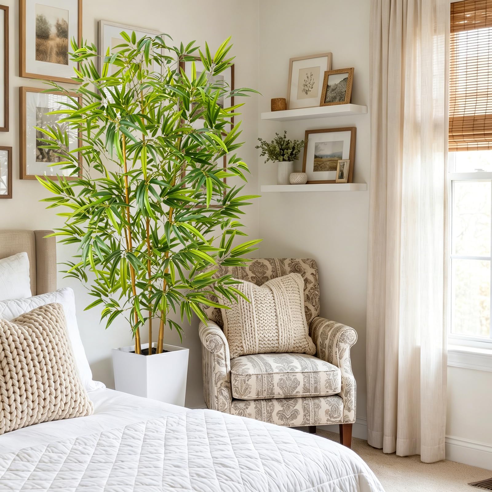 Bambu Artificial 180 cm Plantas Artificiales Grandes Arbol Artificial Interior con Madera Blanca Árboles di Bambú Artificial Exterior para Decoración Oficina Dormitorio Hogar Jardín Balcón
