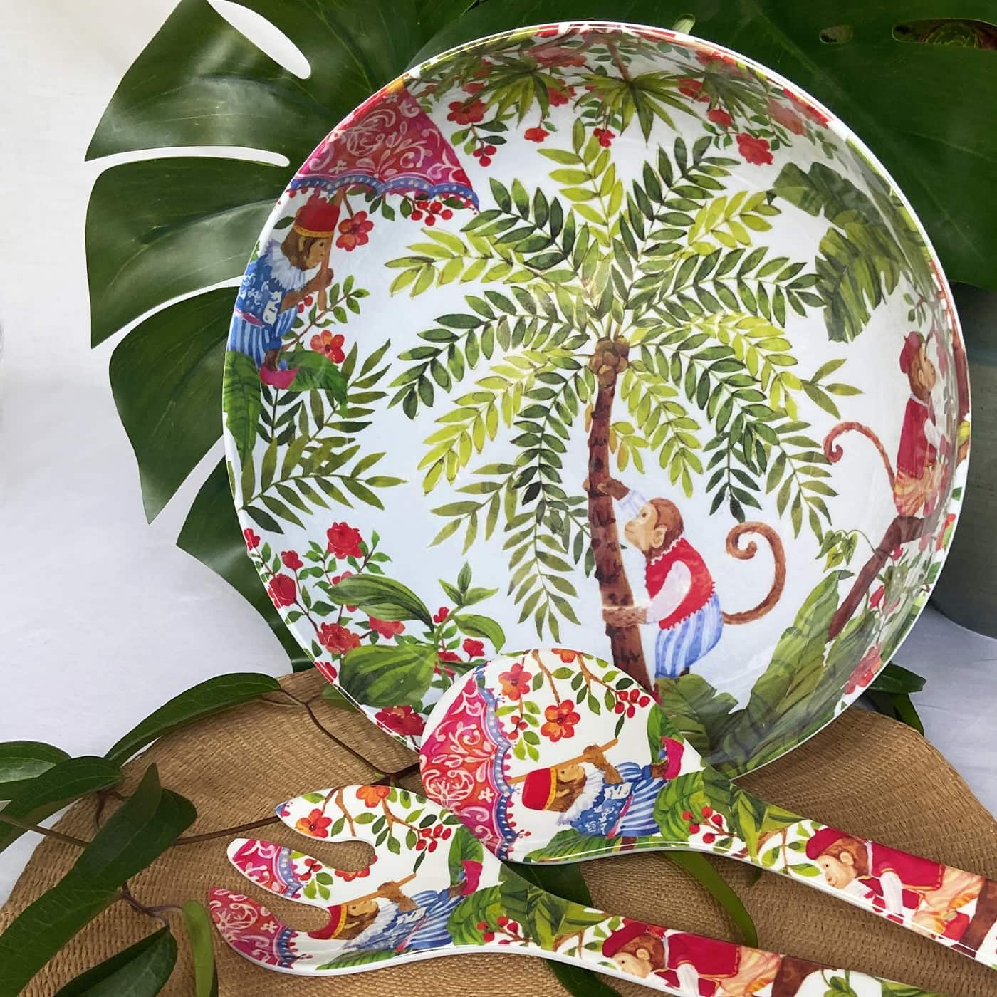 Les Jardins de la Comtesse - Ensaladera Irrompible de Melamina Pura - Monos de Bali - 31 cm - Coral Rojo y Verde - Bol Decorado Dentro y Fuera de la Colección Vajilla Irrompible MelARTmine