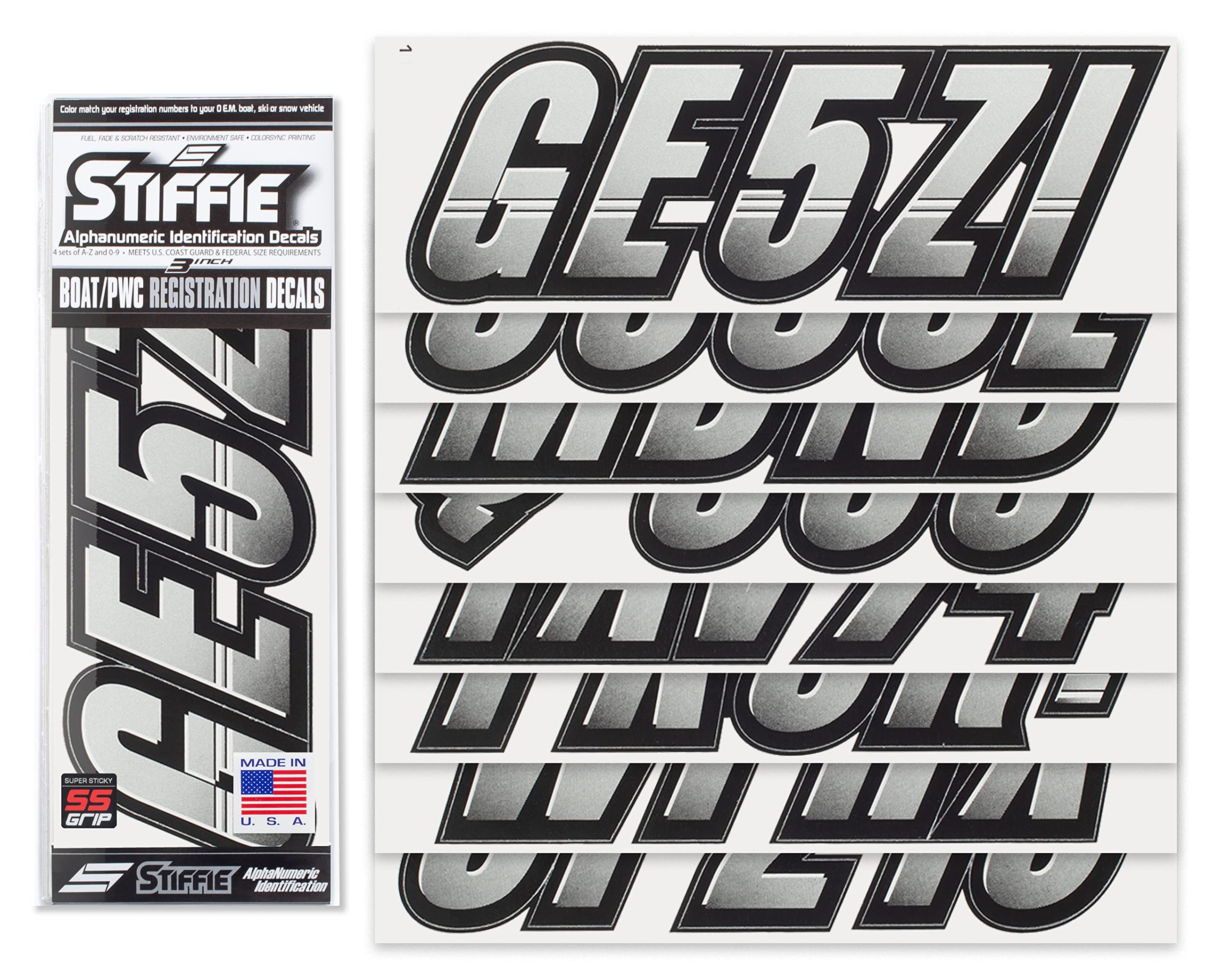 STIFFIE Techtron Metallic Silver/Black 3” Super Sticky Boat & PWC Registration Decals • Numbers Letters Stickers