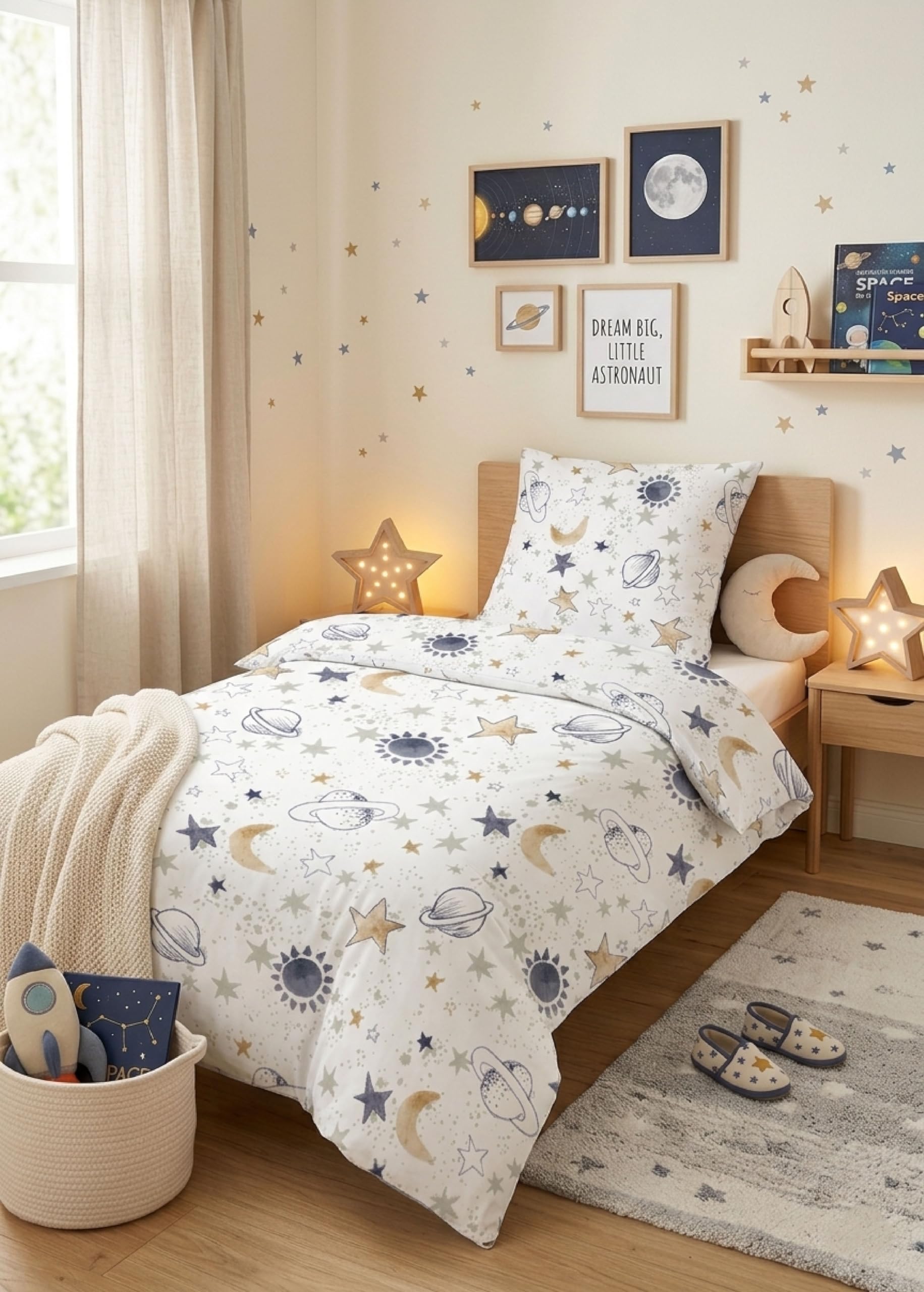 biberna Premium Biber Bettwäsche 135x200 cm weiß | Biber 2-teilig mit Kissenbezug 80x80 cm | 100% Baumwolle | weich, wärmend | Reißverschluss | Kinderbettwäsche | Universum | Modell 0004645