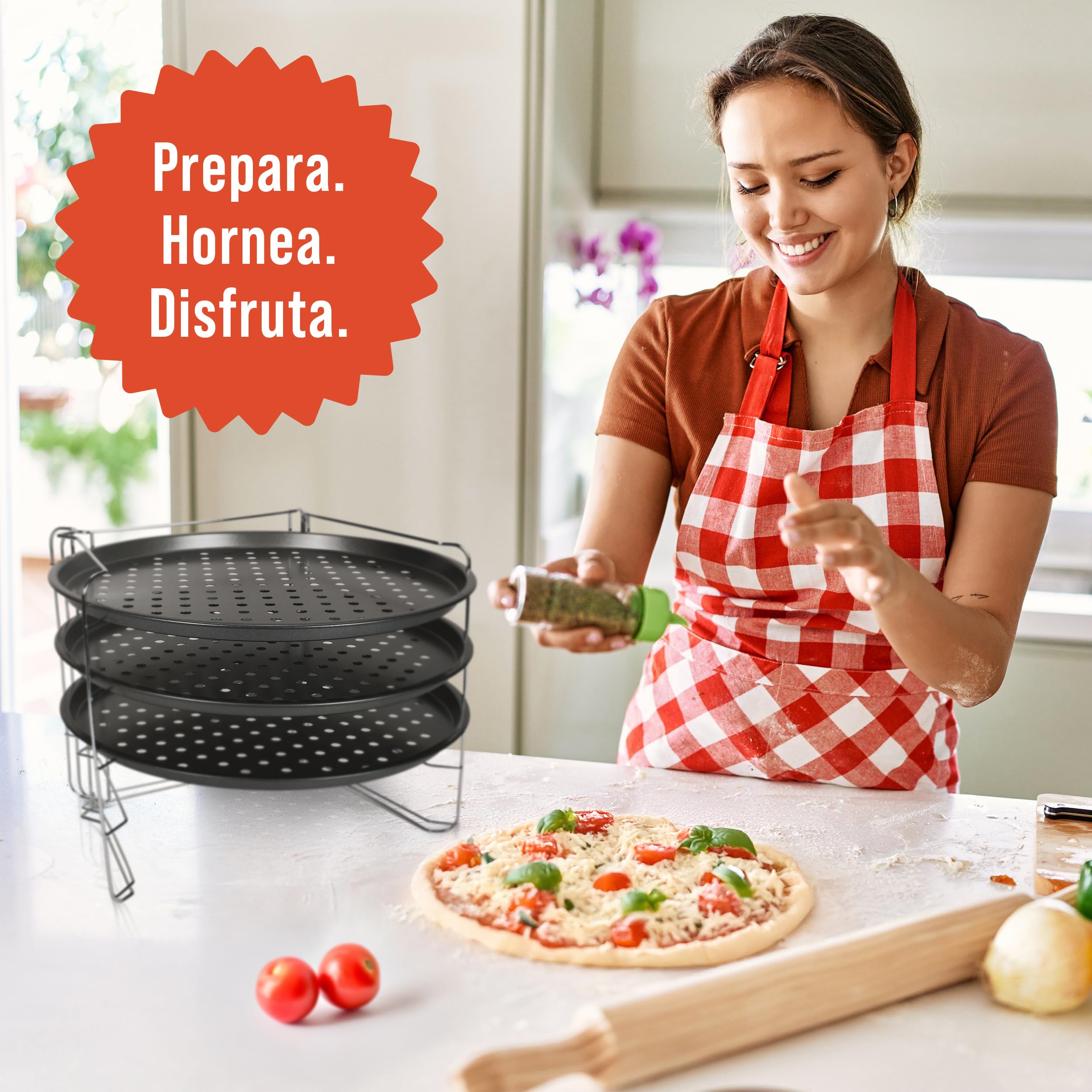 Chef Pomodoro Set Bandejas Horno con 3 Piezas (Bandeja Pizza Horno + Base Pizza + Pan con Soporte), Accesorios de repostería y cocina, Platos para Pizza perforados, antiadherentes y fáciles de usar