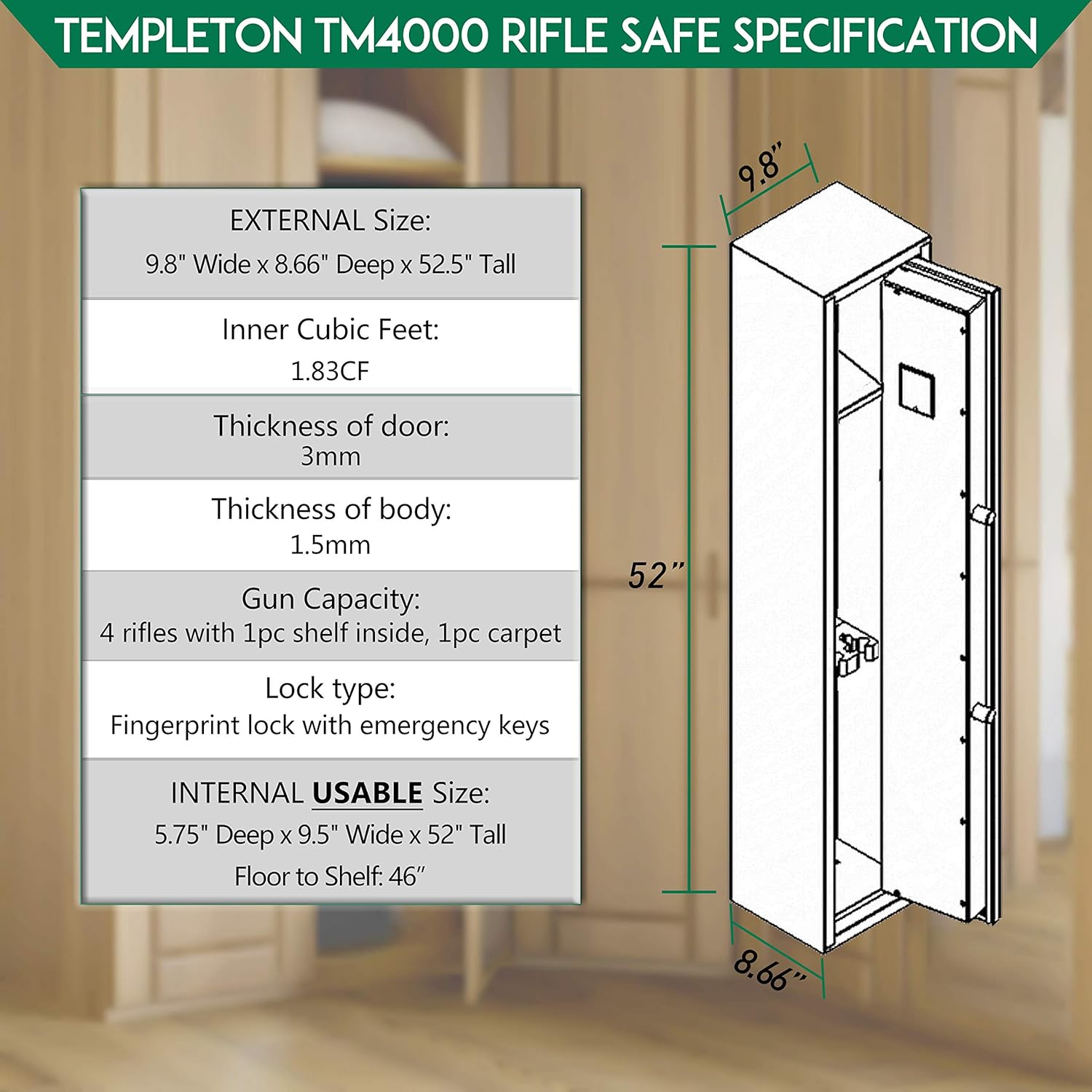 Templeton Quick Access Biometric Rifle and Gun Safe with Silent Mode - 4 Standard Rifle Capacity (without accessories)
