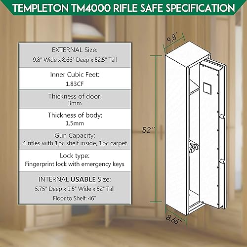 Miniatura 6 de Templeton - Caja fuerte biométrica para rifle y pistola de acceso rápido con modo silencioso, capacidad estándar de 4 rifles (sin accesorios)