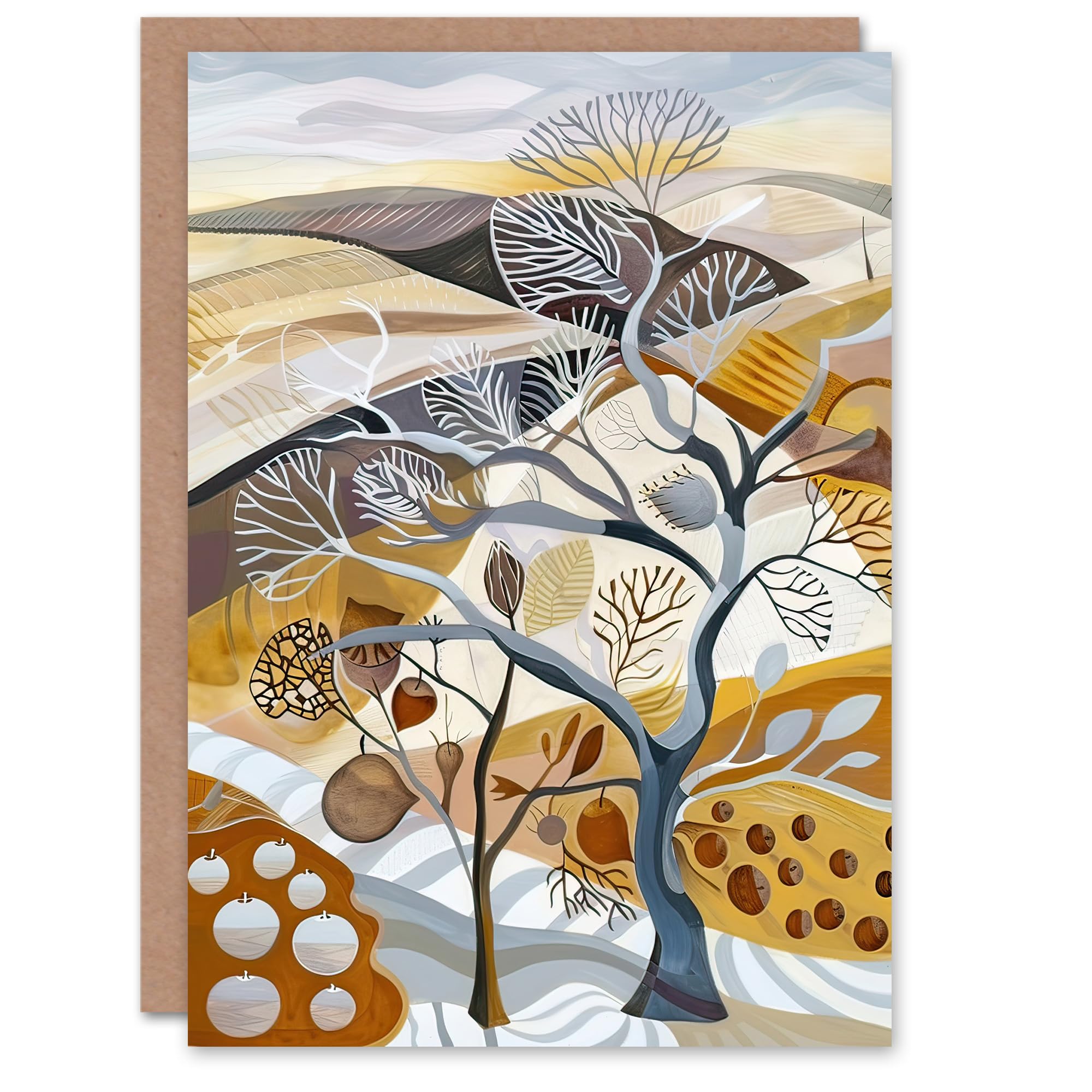 Artery8 - Greeting Card - Autumnal Tree Fields Artwork - Birthday Card - Beige