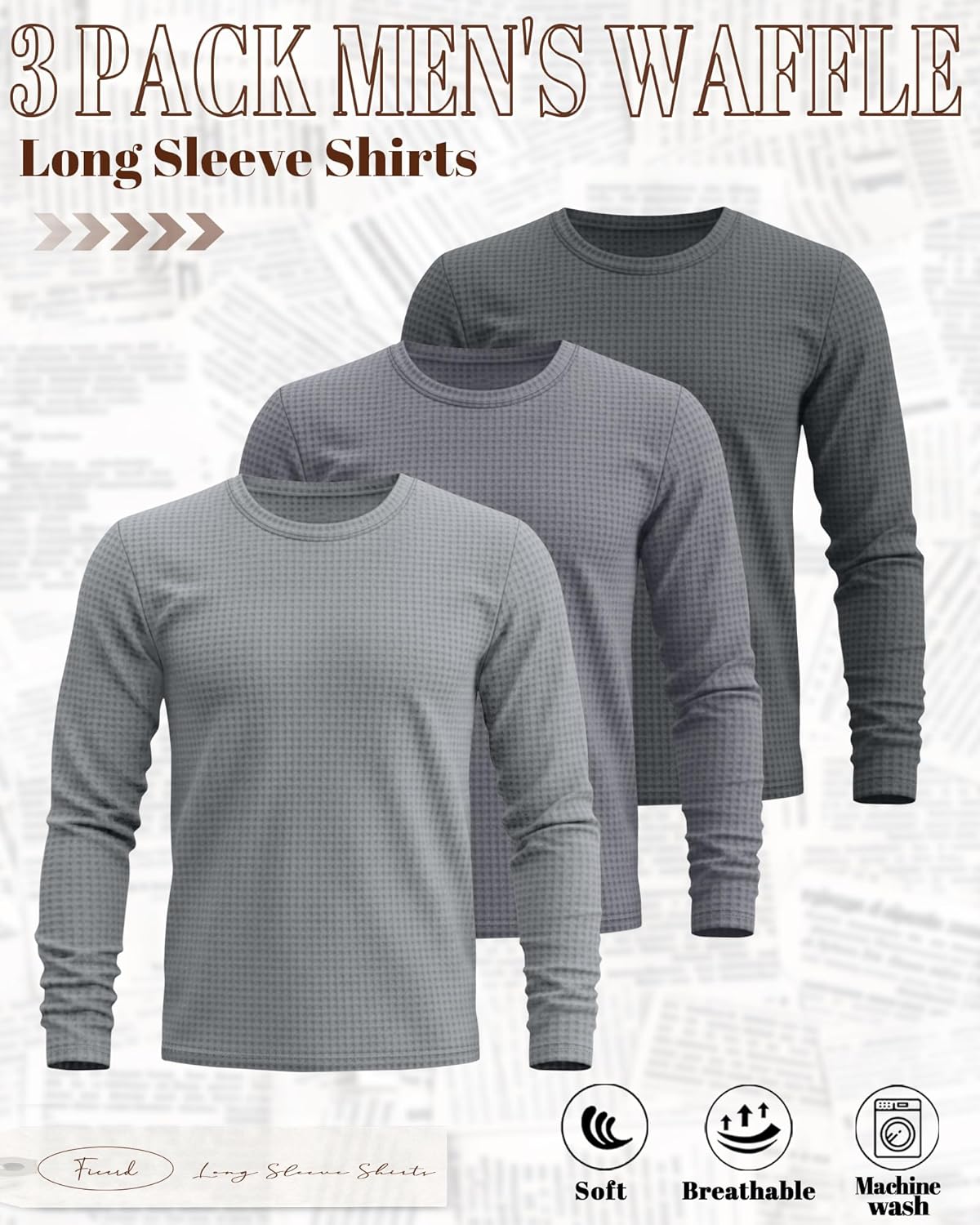 Ficerd 3 Pack Men's Waffle Long Sleeve Shirts, Crew Neck Thermal Underwear Tops Casual Pullover Sweaters Knit Undershirts - Image 3