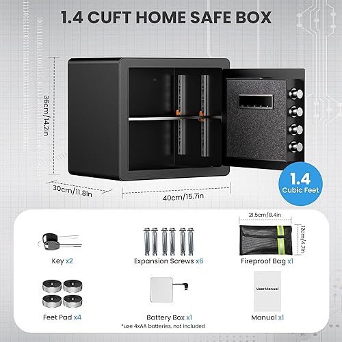 Miniatura 3 de Caja de seguridad de 1.4 pies cúbicos con bolsa impermeable ignífuga, teclado digital, alarma doble, estante de altura extraíble y ajustable, caja