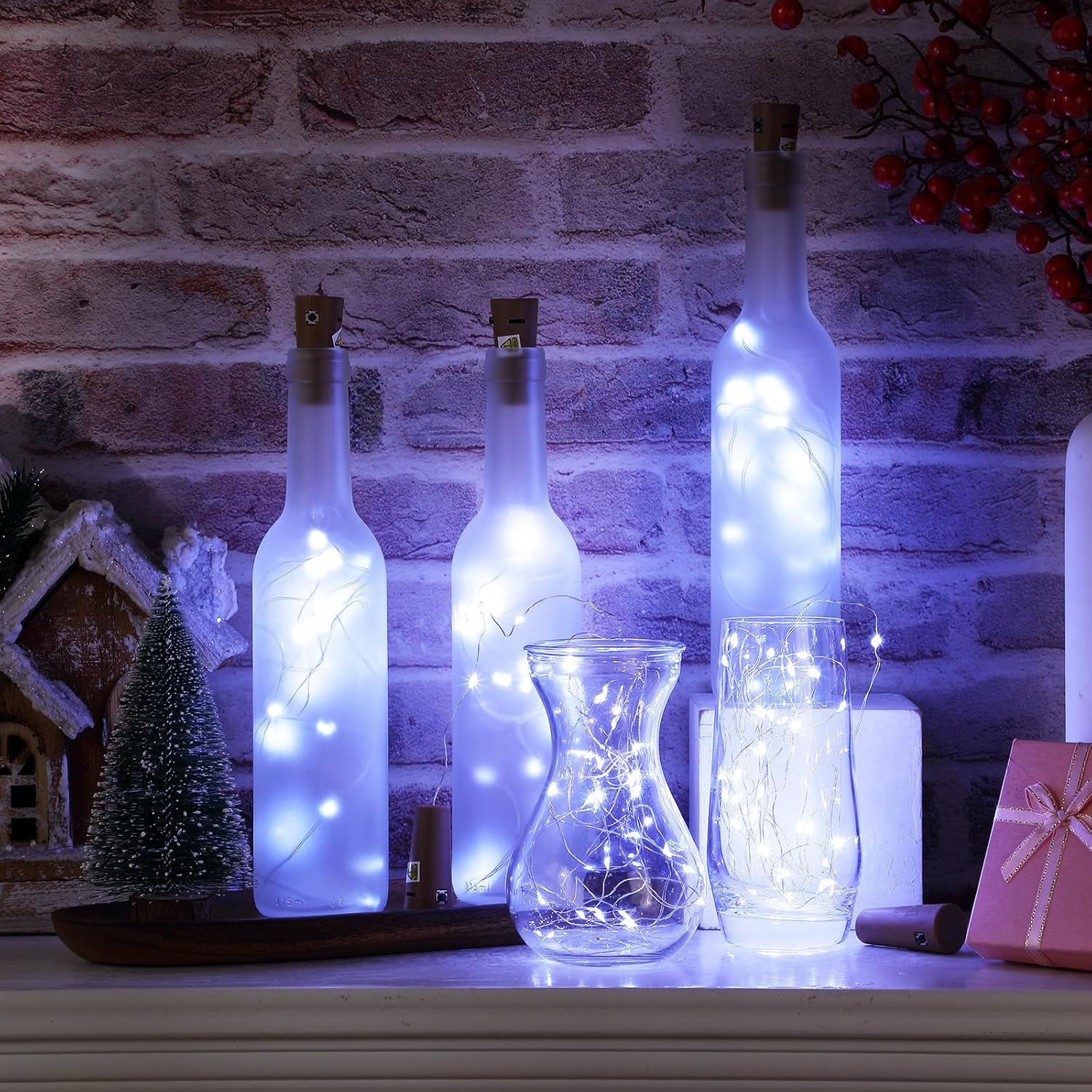 Rtteri 12 Sets Small Empty Wine Bottles with Cork Lights Centerpiece and 30 LED Battery Operated Cork Lights for Birthday Wedding Party Decoration(375 ml,Frosted Bottle)