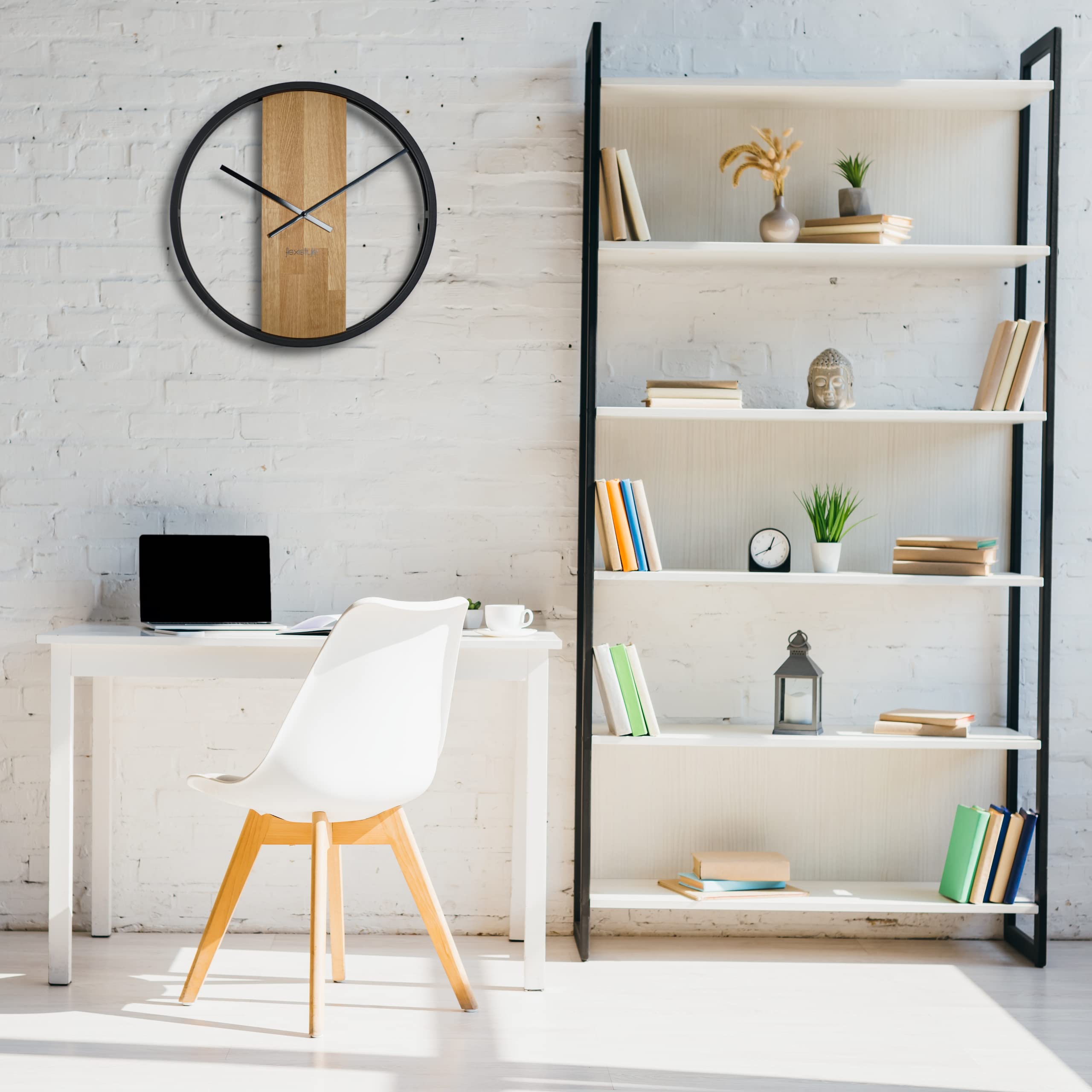 FLEXISTYLE Reloj de Pared Grande sin Ruido de tictac, Ovalado, de Metal, Negro, 3D, XXL, Moderno, de Madera, para baño o Sala de Estar (50 cm de diámetro)