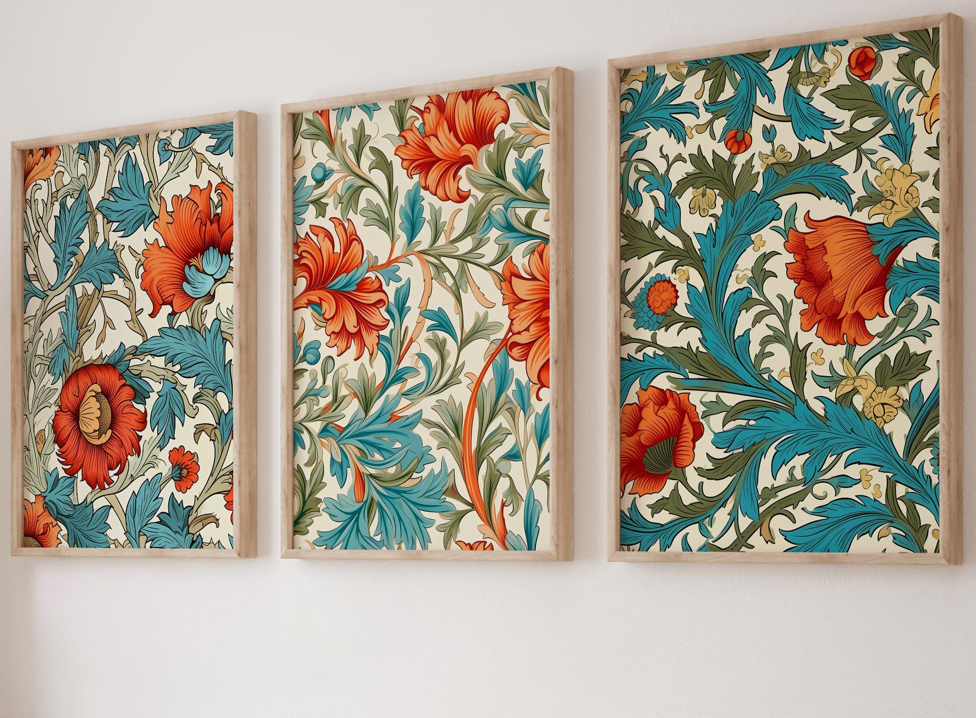 William Morris Style Set of 3 Unframed Prints, Art Nouveau Home Decor, Vintage Art, Botanical Flower Poster, Digital Art, Green Green Orange (A3) โ image 1