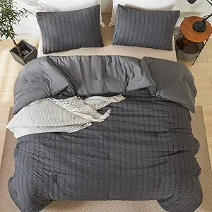 Andency Grey Seersucker Comforter Set King Size (104x90 Inch), 3 Pieces(1 Textured Comforter and 2 Pillowcases), 100% Soft Washed Microfiber Summer Lightweight Gray Down Alternative Bedding Set