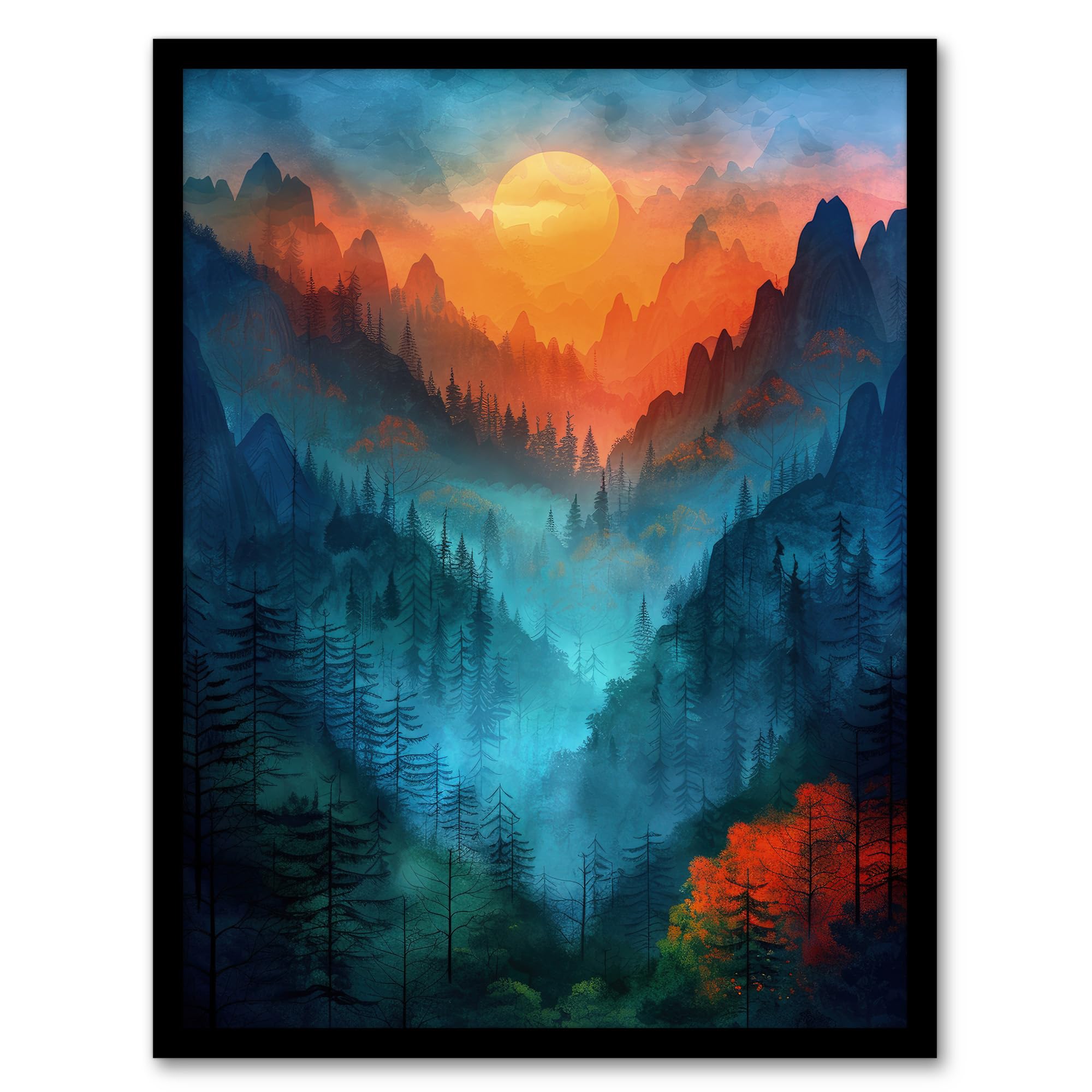 Artery8 Black Misty Sunset Colourful Forest Mountain Landscape Art Print Framed Poster A4