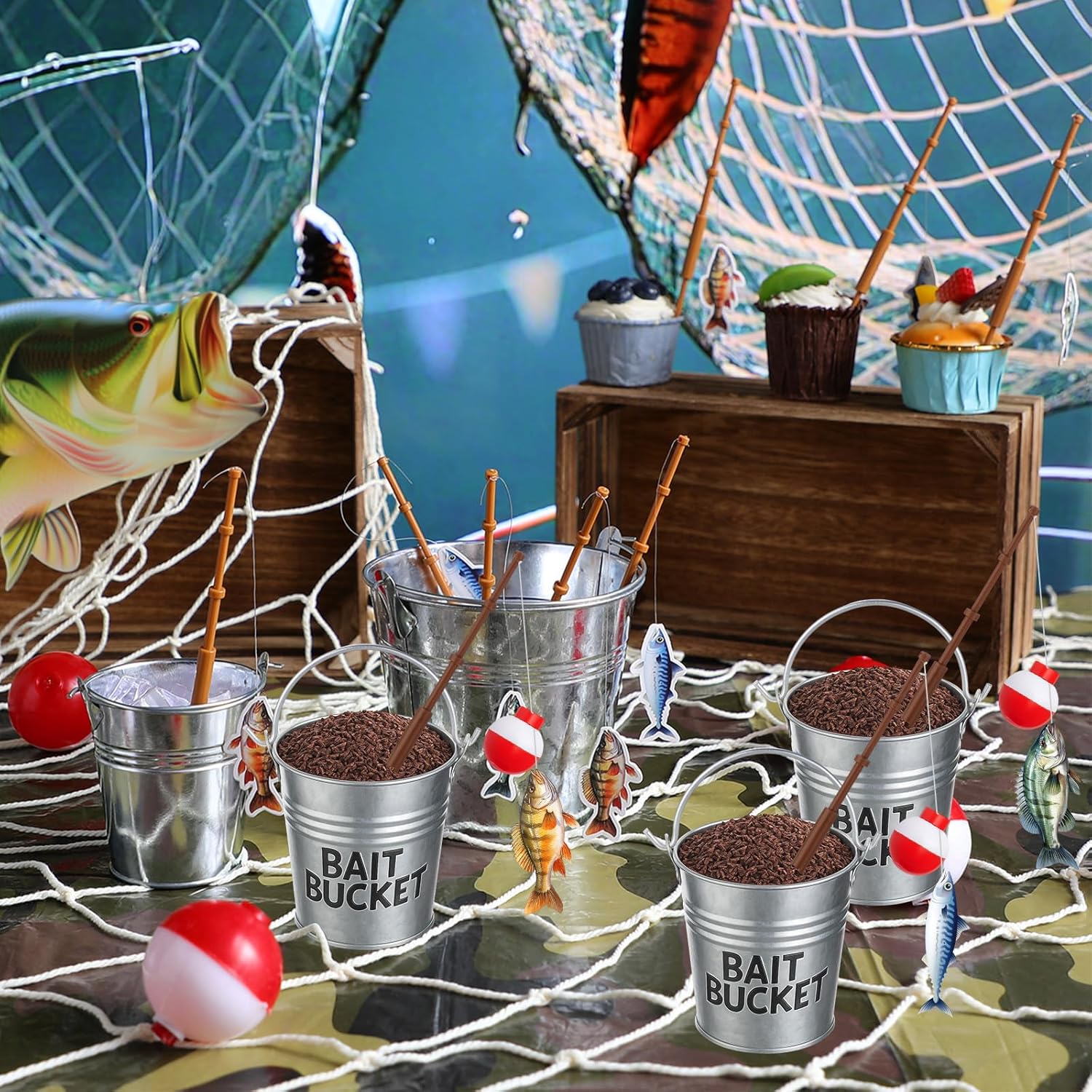 Soulchen 54 Pcs Mini Fishing Birthday Party Decorations Include 18 Fish Cupcake Pole Picks 18 Mini Tackle Bait Bucket 18 Bobber for Gone Fishing Theme Supplies Ocean Party Cake Decor