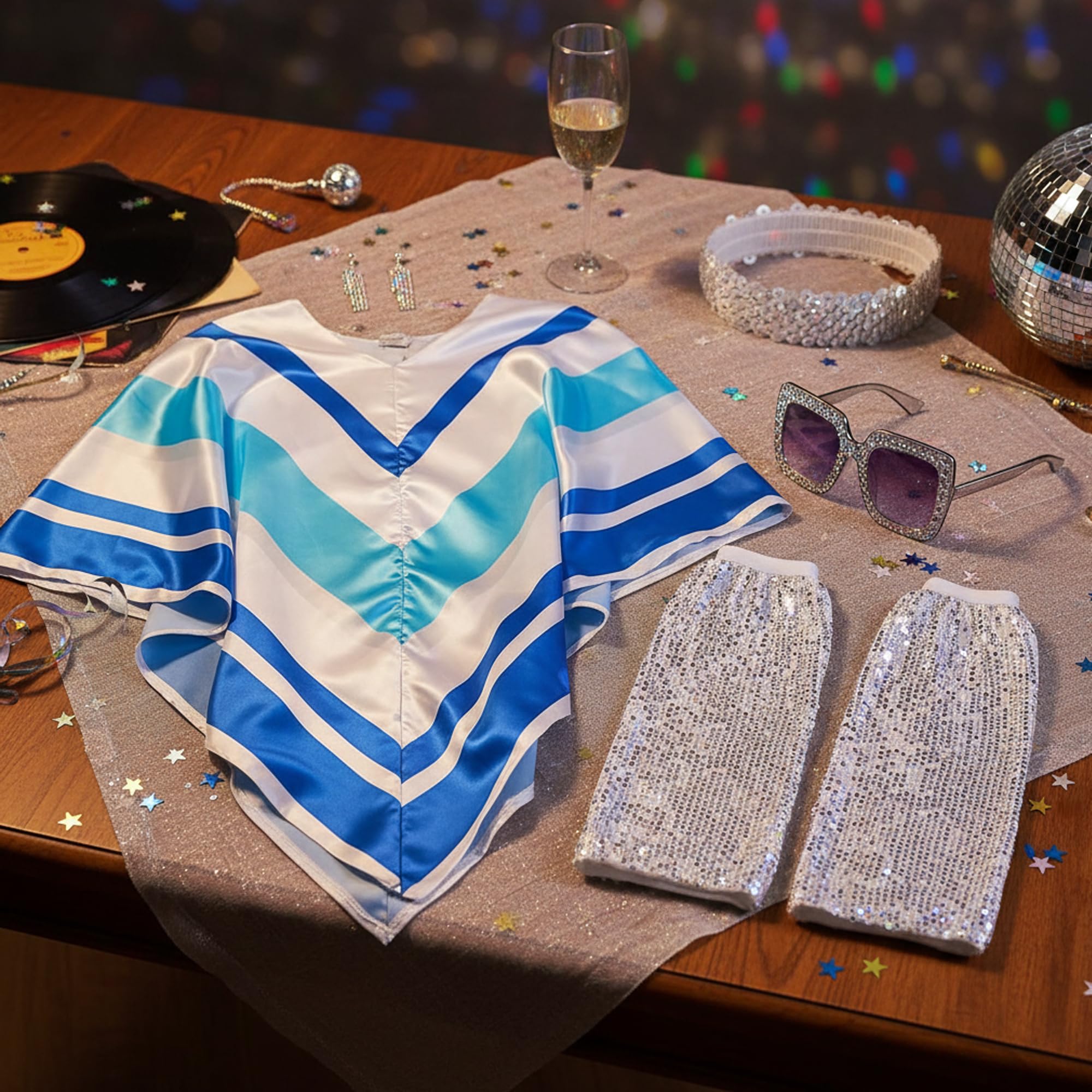 Xietaea 70er Jahre Abba Kostüm Damen - Disco Outfit Set mit Poncho Glitzer Stirnband Ohrringe und Sonnenbrille, Pailletten Beinwärmer für Karneval Fasching Party Halloween Verkleidung