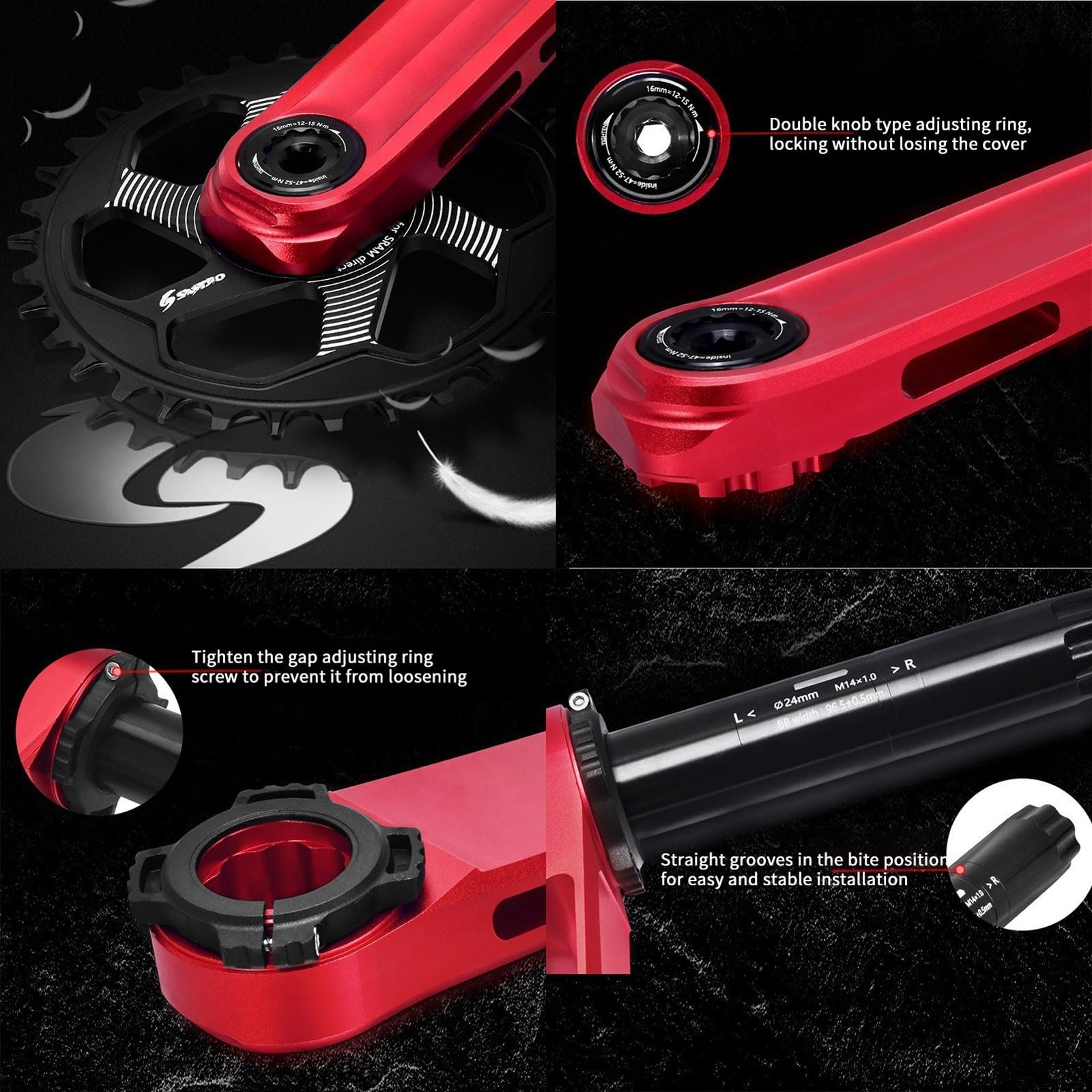 170 Mm Guarnitura Integrato Cavo MTB 30T/32T/34T/36T/38T Ingranaggio Singolo Lega di Alluminio Set di Pedivelle Bicicletta da Montagna con BB per 8-12 velocità(Red,30T)