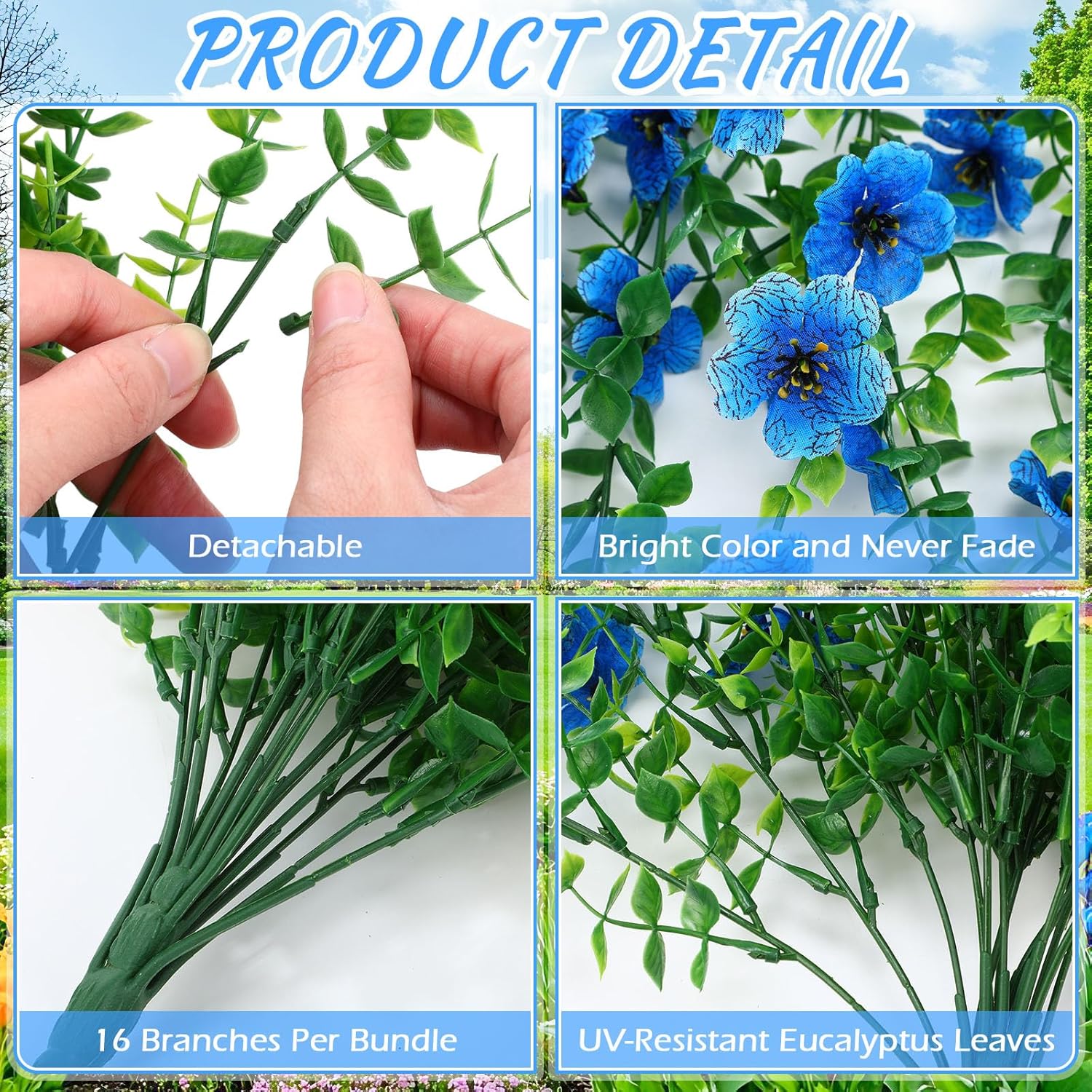 Suncalla 4 Pcs Artificial Hanging Flowers for Outdoor Planter, 156 Branches Trailing Faux Potted Plants Fake Floral, UV & Fading Resistant, for Wedding Patio Spring Summer Decor(Blue)