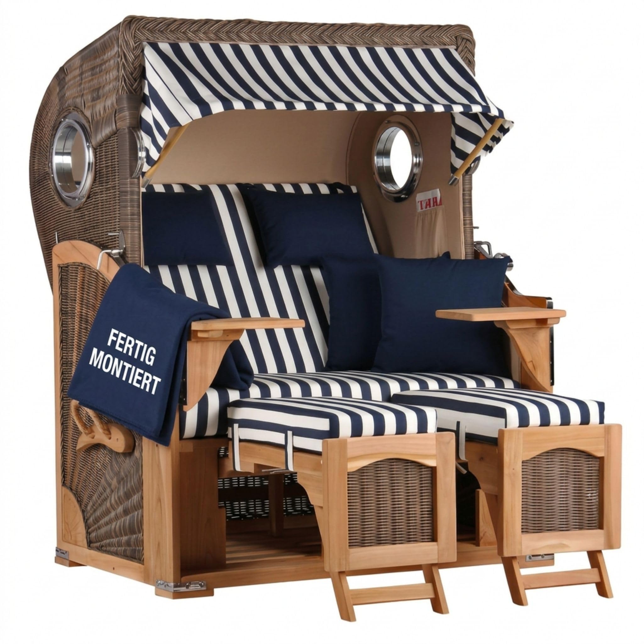 MR. DEKO® Strandkorb Düne Teak 2-Sitzer Bullauge | PE Geflecht Grey | Volllieger Strandstuhl verstellbar | inkl. 4 Kissen Wechselpolster | Strandkörbe fertig montiert aus Teakholz | (Dessin 518)
