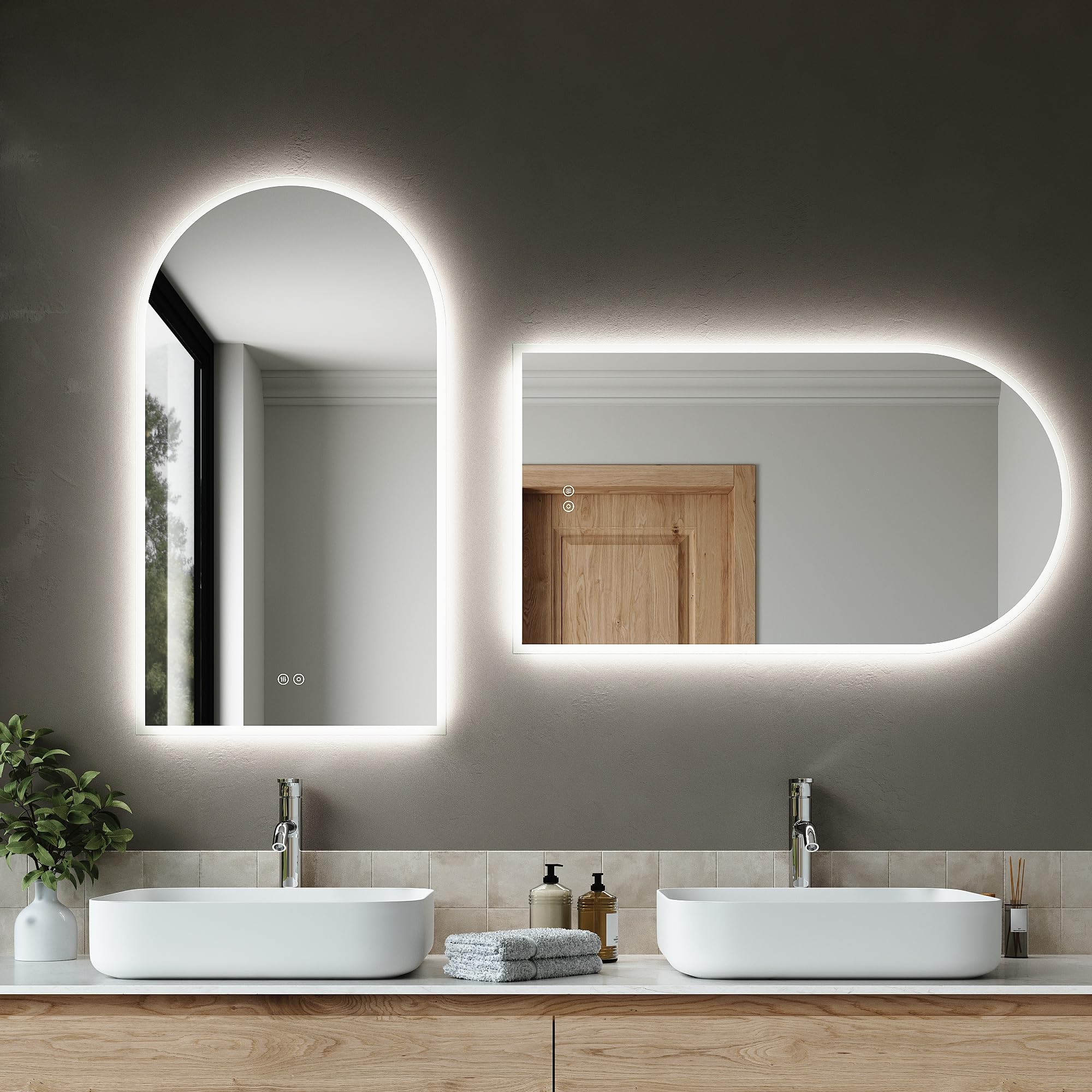 SIRHONA Miroir Salle de Bain Arquée 90x50cm, Dimmable, 3 Couleurs Légères, Anti-buée, Mémoire, IP44, Douille, Mirroir Lumineux Salle de Bain, Horizontal/Vertical