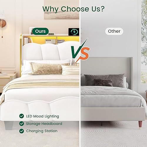 Miniatura 7 de LARMACE Base de cama tamaño Queen con luces LED y estación de carga, plataforma tapizada de terciopelo con cabecera de almacenamiento, no necesita