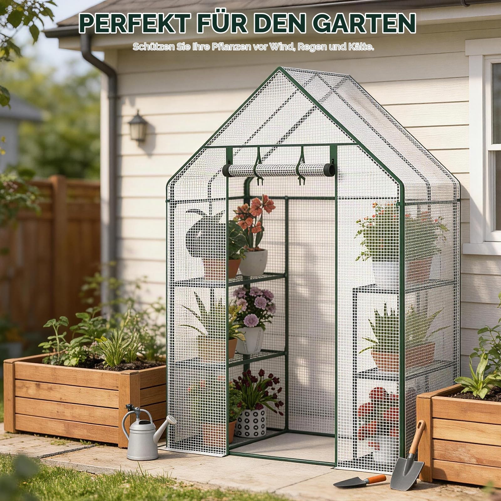 Soontrans Kompaktes Foliengewächshaus mit PE-Gitterfolie & mehreren Ebenen, 143x73x195cm, Gewächshaus für die Aufzucht von Setzlinge Kräuter Jungpflanzen, Stecksystem & Rolltür mit Reißverschluss(Weiß