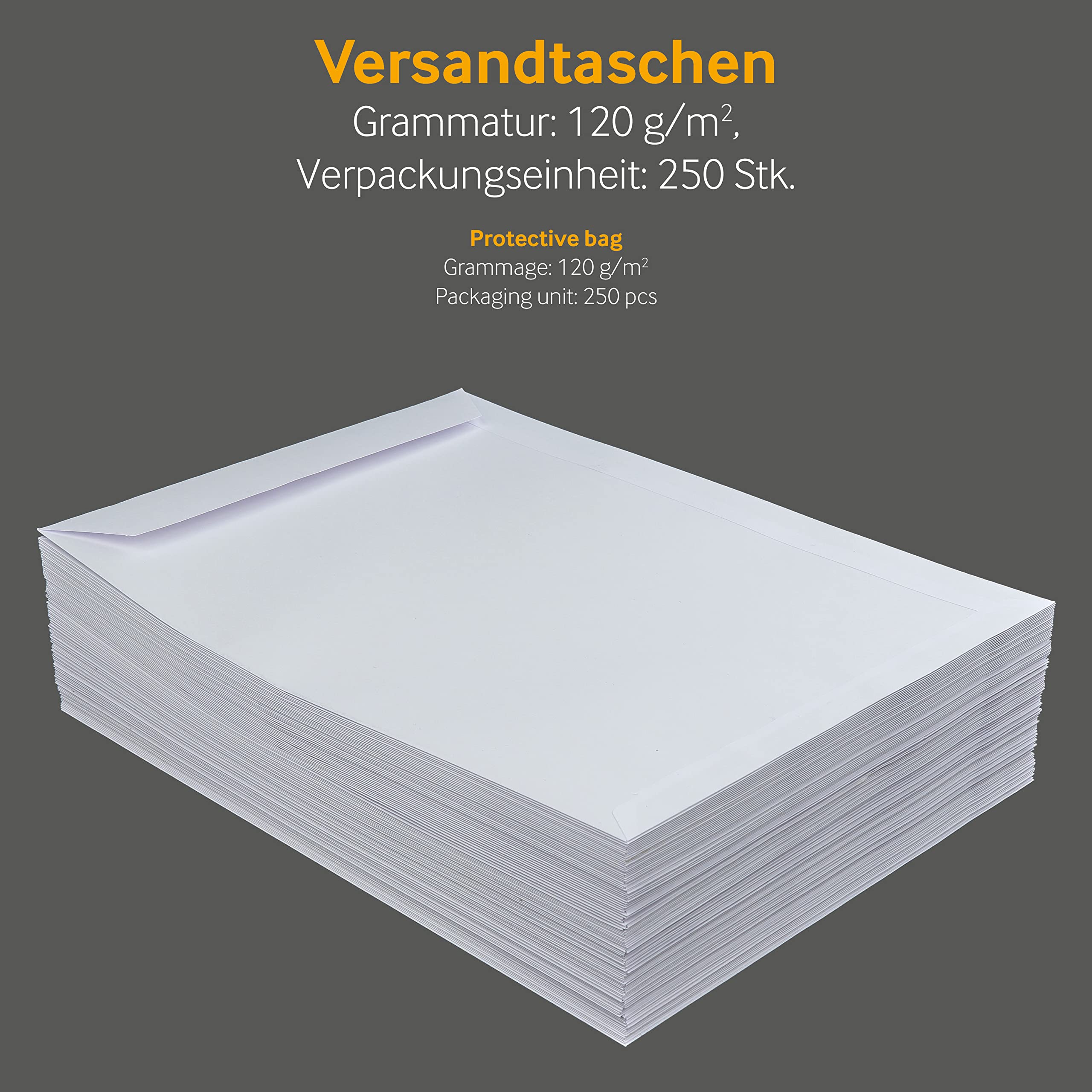 Versandtaschen DIN C4, 229 x 324 mm, ohne Fenster, 250 Stück, Weiß | Haftklebend, Gerade Klappe, 120 g/m² Offset, Blanke Briefhüllen