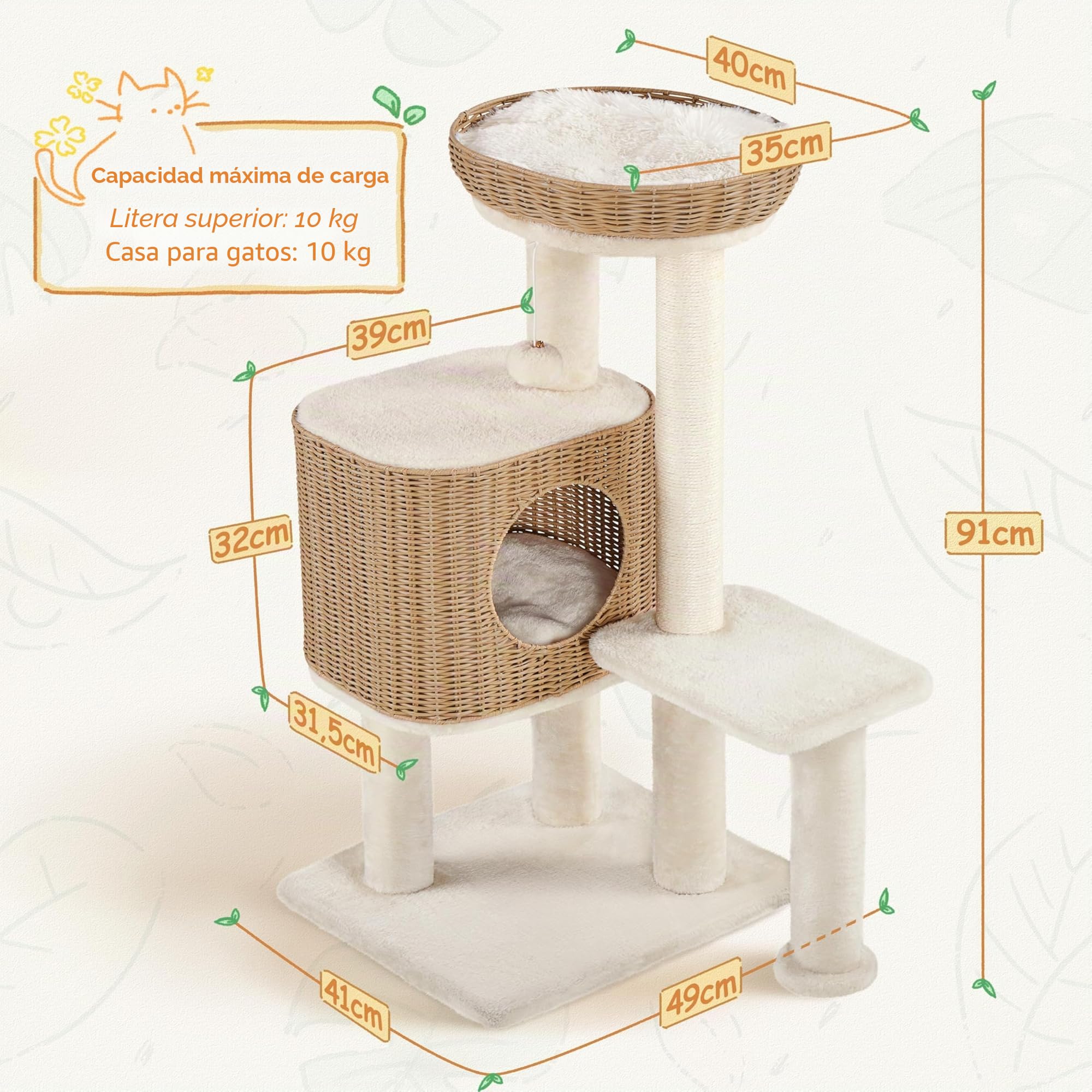 Yaheetech Árbol Rascador para Gatos Ratán Tejido a Mano 91cm Beige | Para Gatos Grandes,Cojines Lavables,Fácil montaje,Duradero, Estabilidad,Perca ancha,multifuncional,Bola colgante sustituible