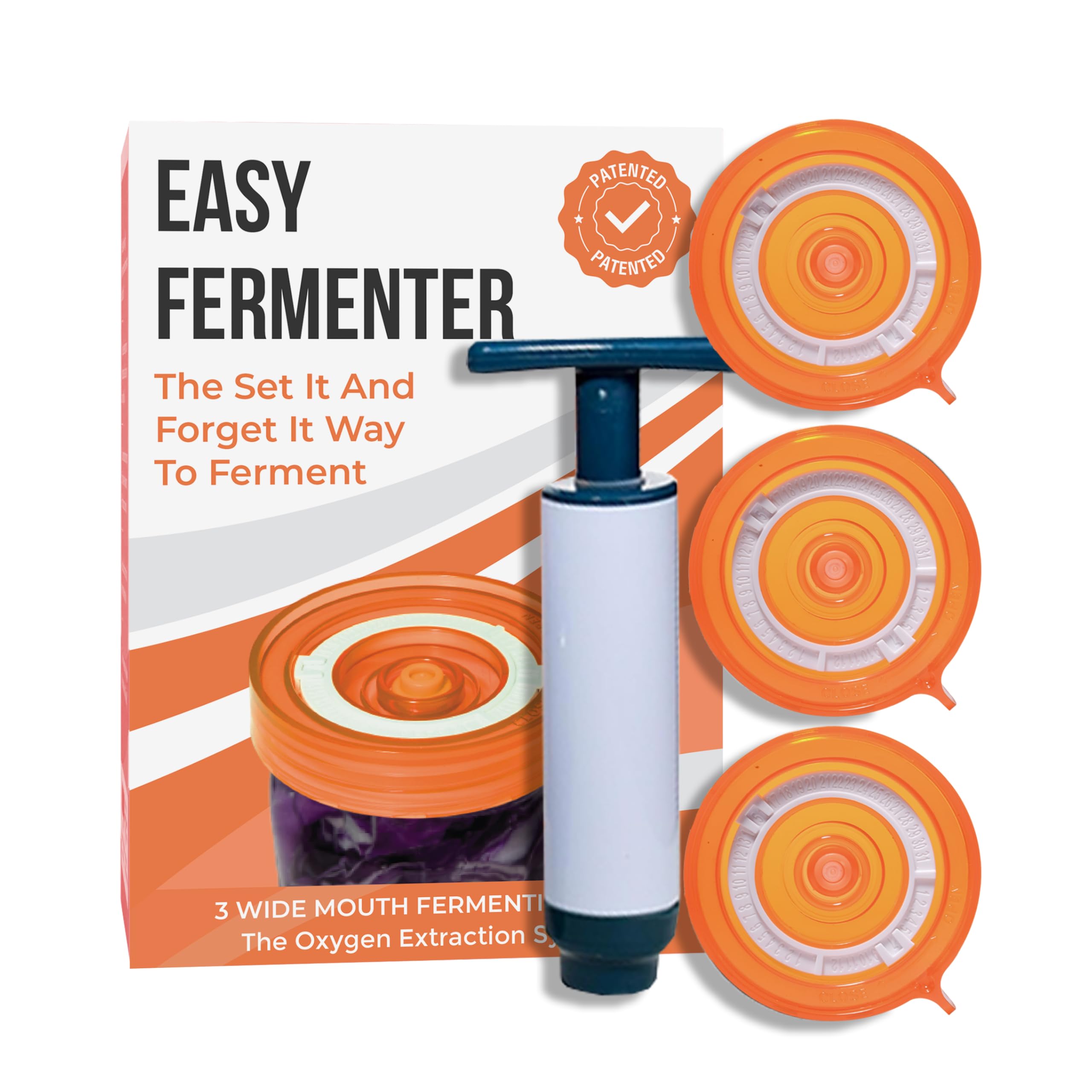 Easy Fermenter Fermentation Kit, Includes 3 Fermenting Lids for Wide Mouth Mason Jars & Oxygen Extractor Pump, Mason Jar Airlock Lid For Fermenting Kimchi, Pickle, & Sauerkraut (Orange)