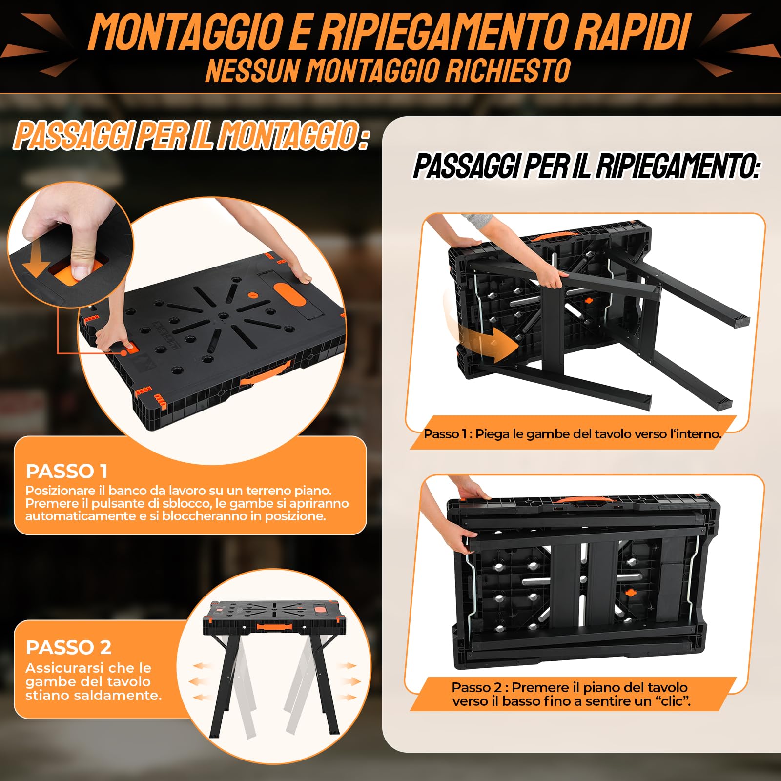 TLGREEN Set di 2 Banco da Lavoro Pieghevole,Tavolo da Lavoro con 4 Morsetti | Banco da Lavoro Pieghevole Portatile con Presa di Corrente, Apertura One-Touch, Capacità di Carico 680kg, per Officina Garage
