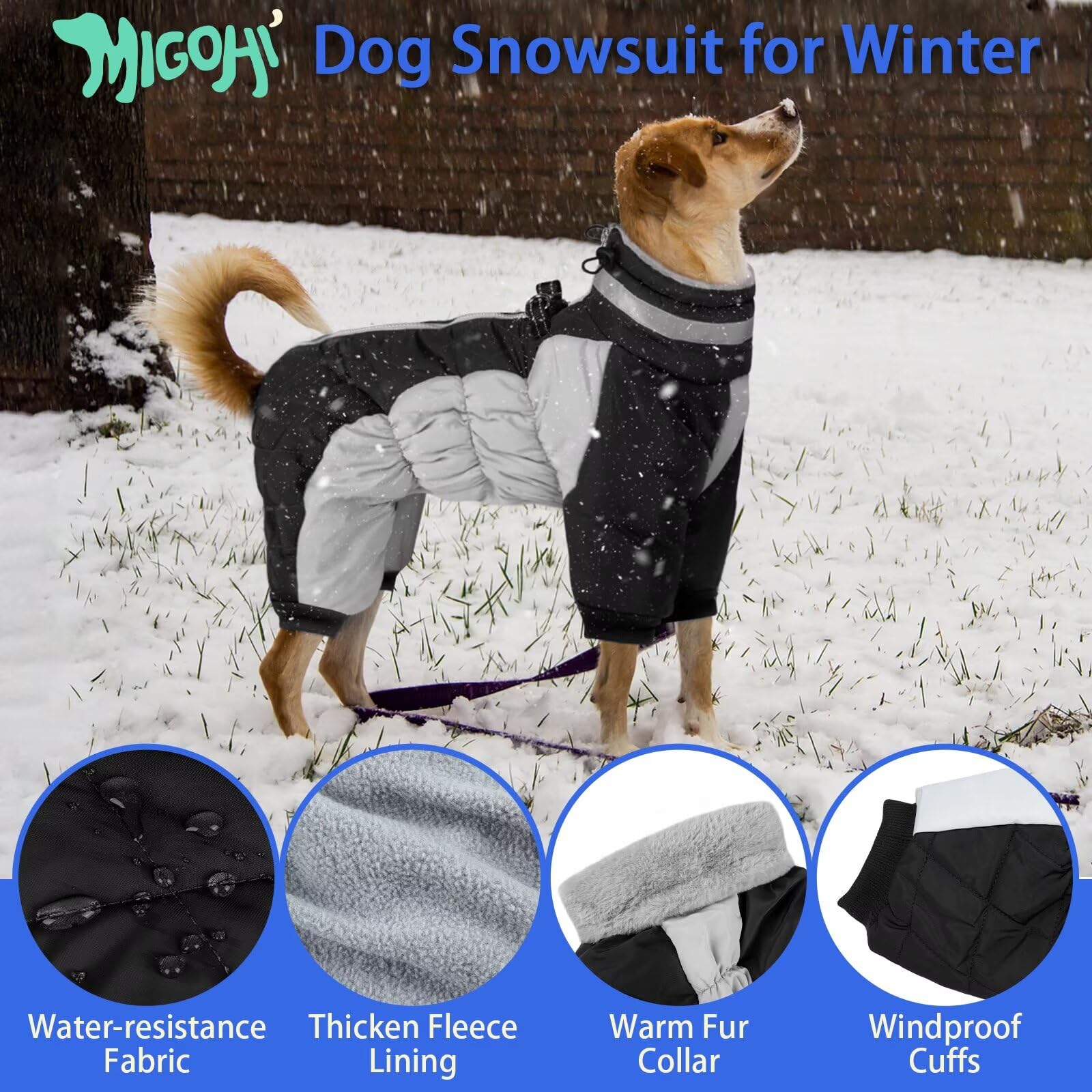 MIGOHI Abrigo de cuerpo completo para perro, abrigo de invierno cálido reflectante con arnés, chaqueta de forro polar de cuello alto para perros pequeños, medianos y grandes, traje de nieve